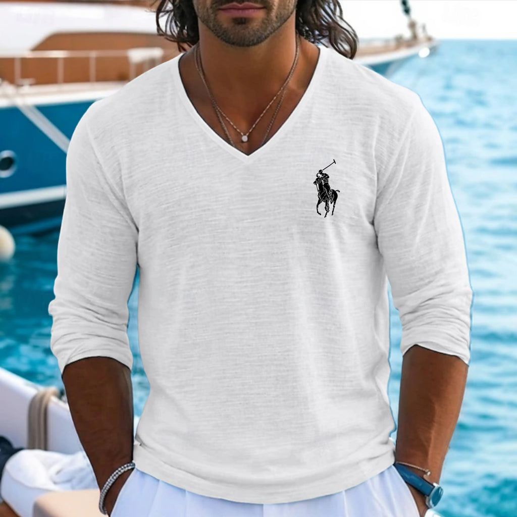 Men's Tee Top Linen T-Shirt Long Sleeve V Neck Summer Spring Spring & Summer Solid Color