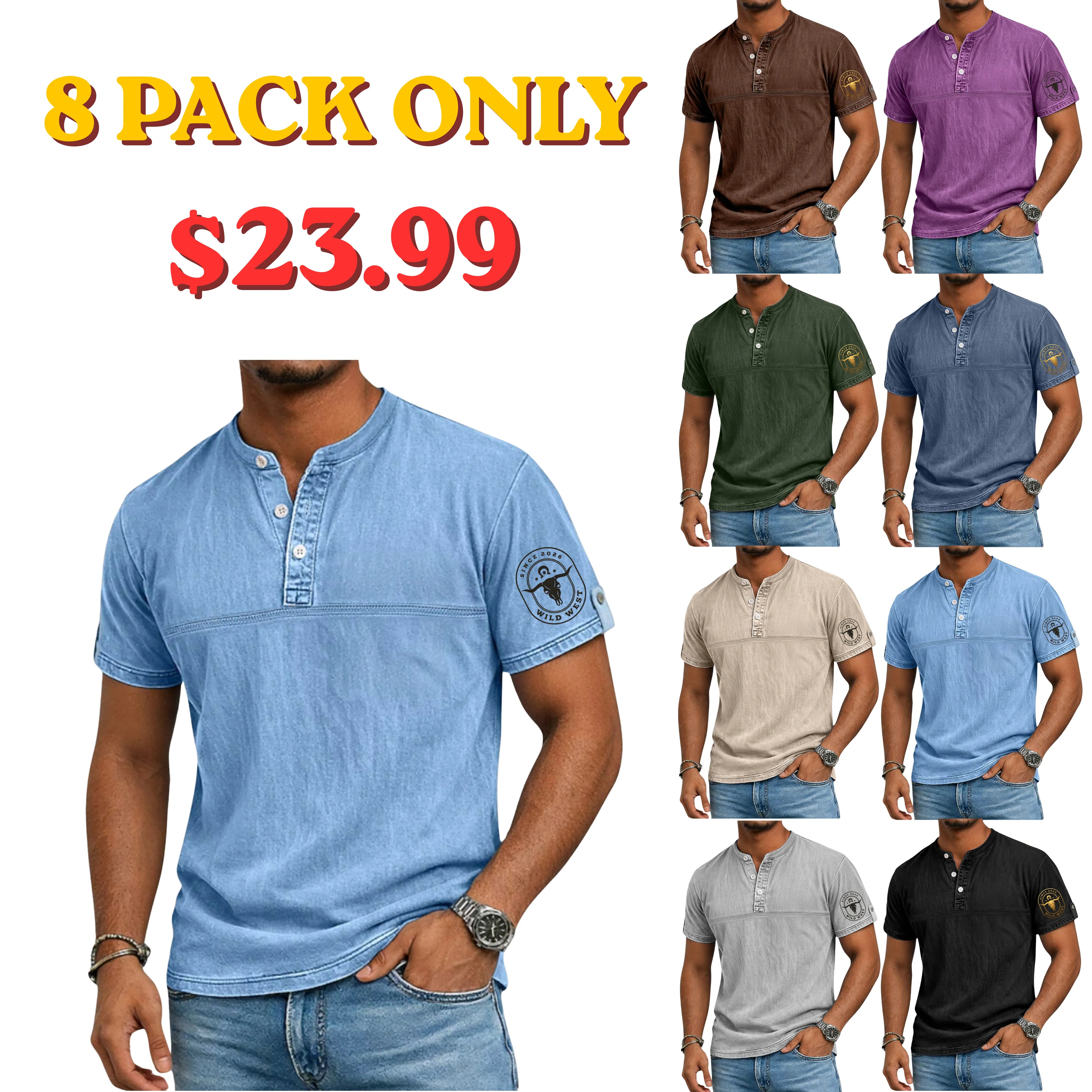 Men's Henley Shirt 100% Cotton Acid Wash Shirt Short Sleeve Henley