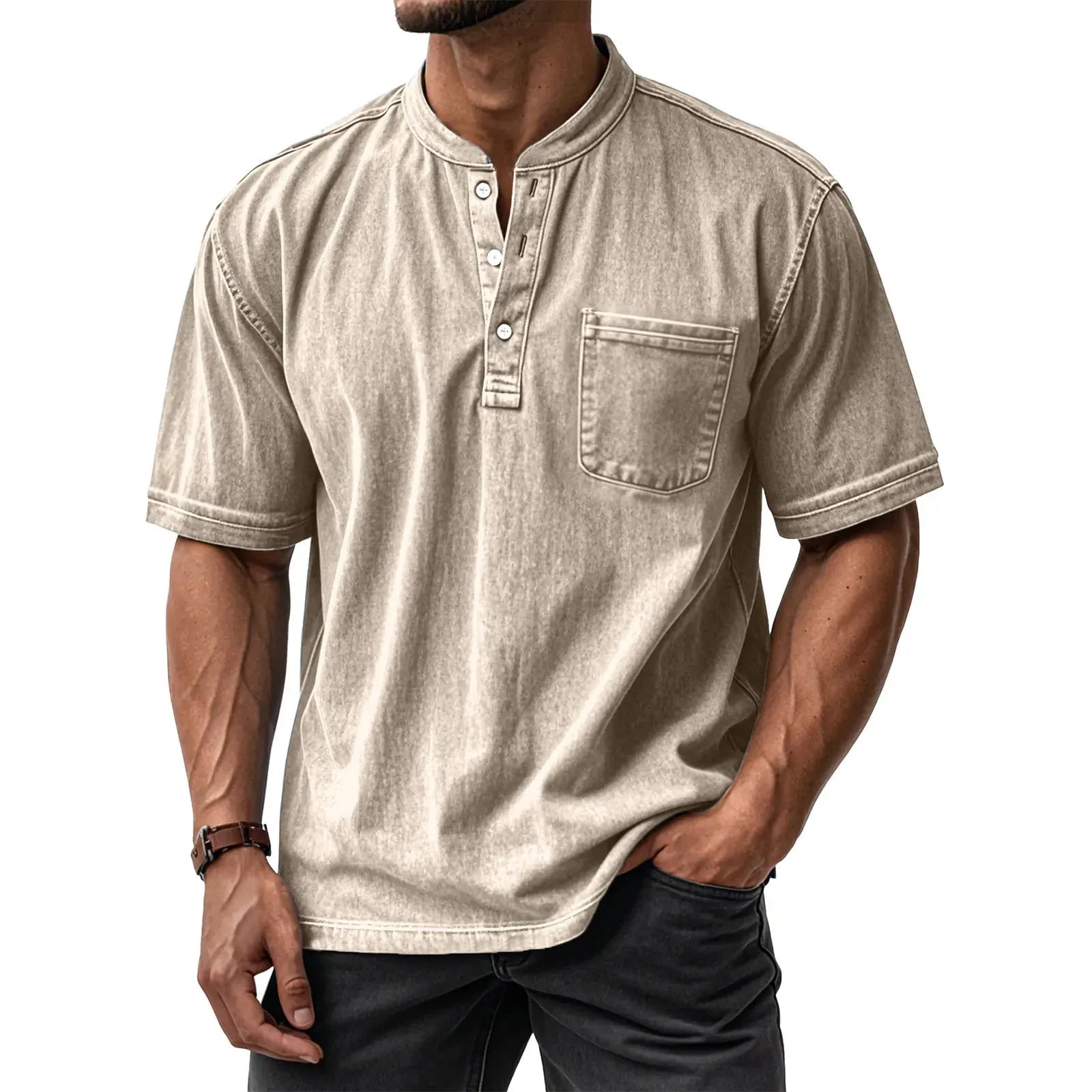 Men's Washed Cotton Short Sleeve Henley T-Shirt