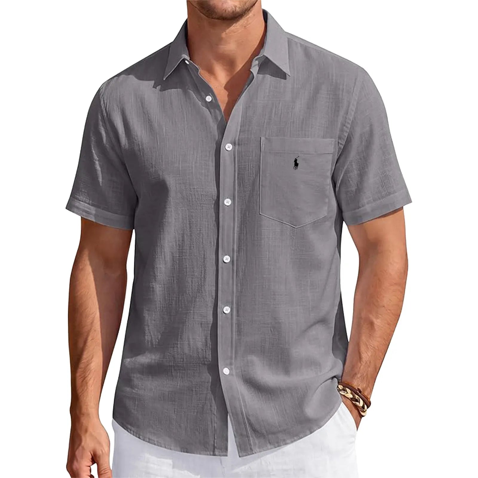 Men's Linen Short Sleeve Shirts Cotton Casual Lightweight Button Down Shirt