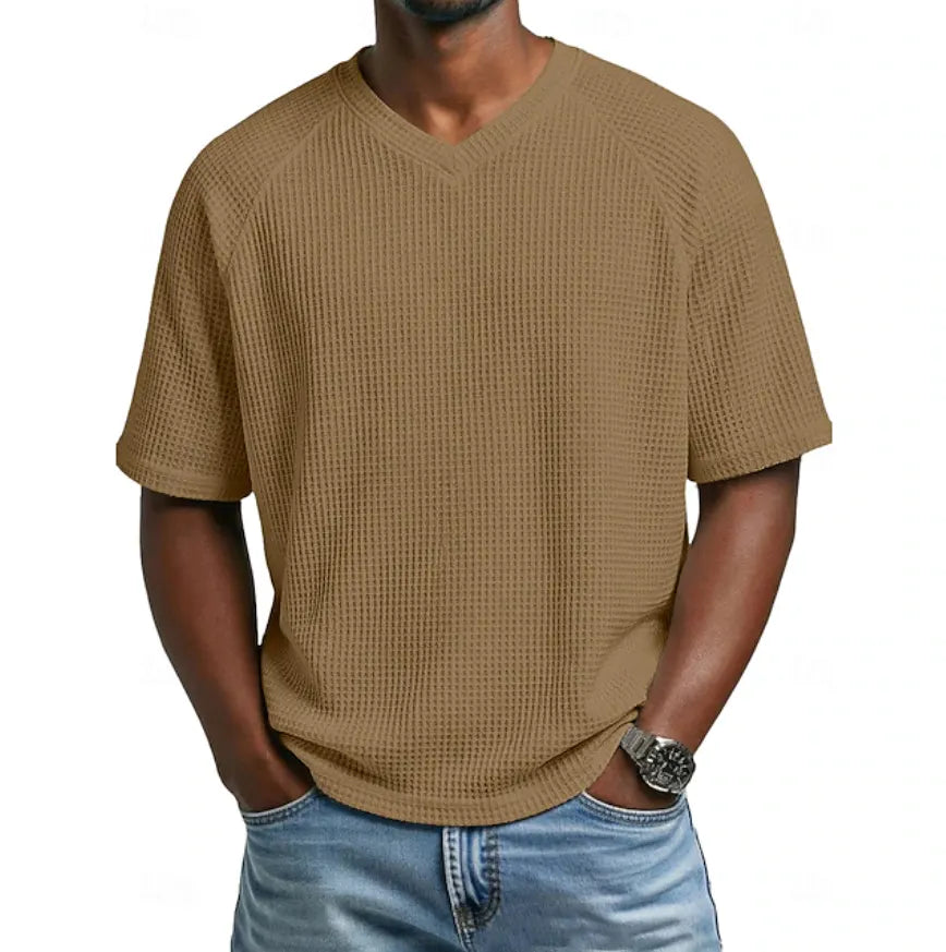 Men's Waffle T-shirt Tee Top Short Sleeve V Neck Summer Solid Color  Casual Raglan Sleeves
