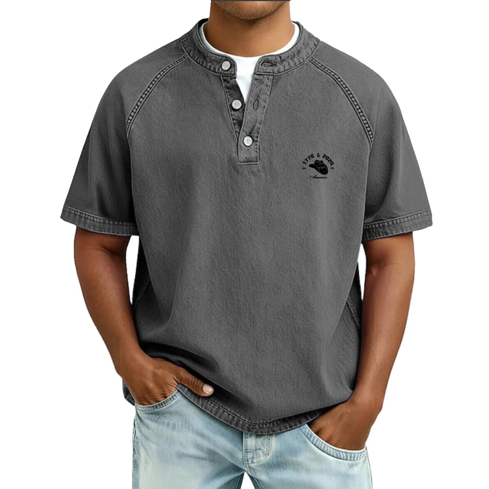 Men's T Shirt Henley Shirt 100% Cotton Acid Wash Shirt Tee Top Short Sleeve Plain Vintage Streetwear Casual Washed Raglan Sleeves Stand Collar Henley Casual Home Street Fall & Winter Spring Fall
