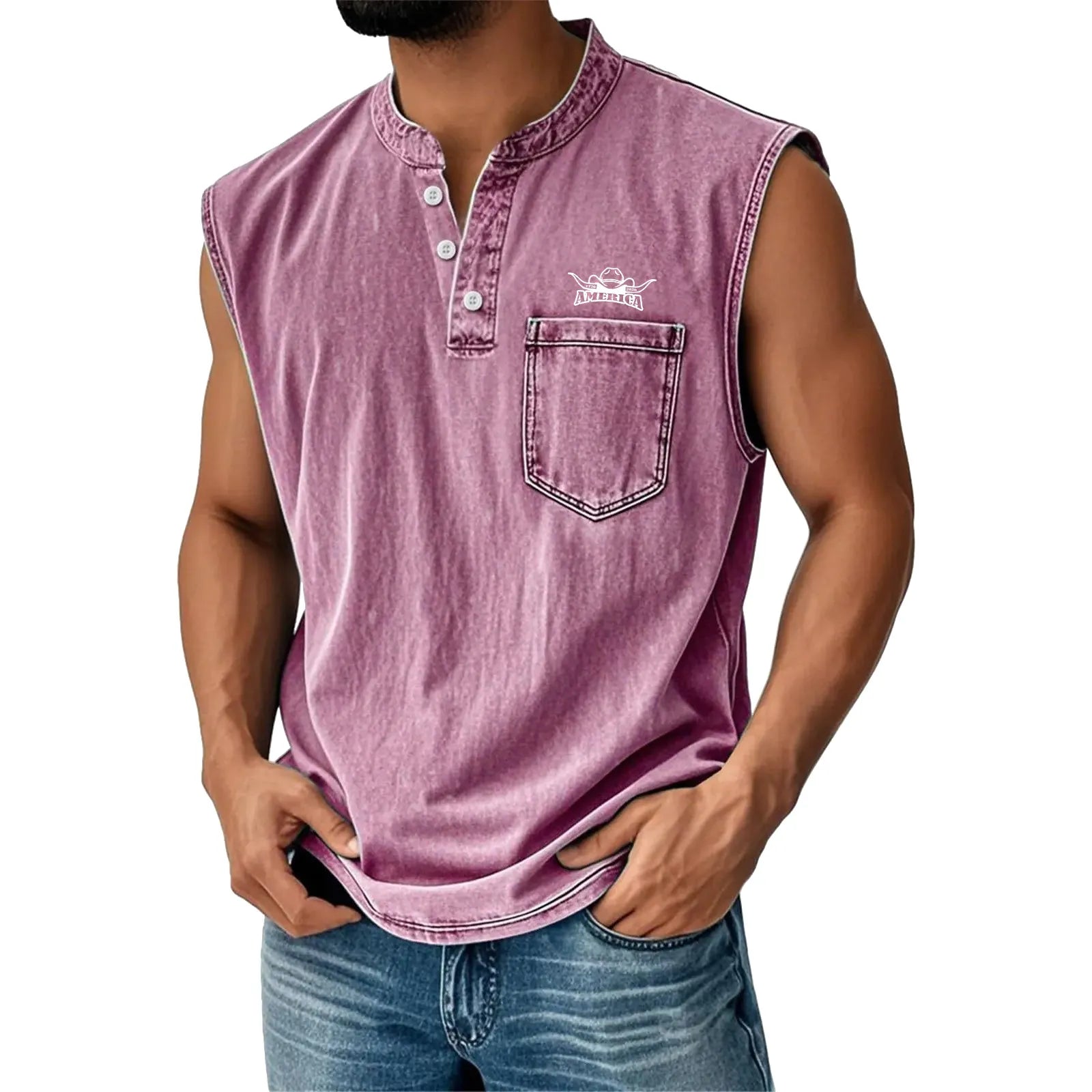 Work vest, Western vest, Casual sports outdoor vest, Henley collar button vest