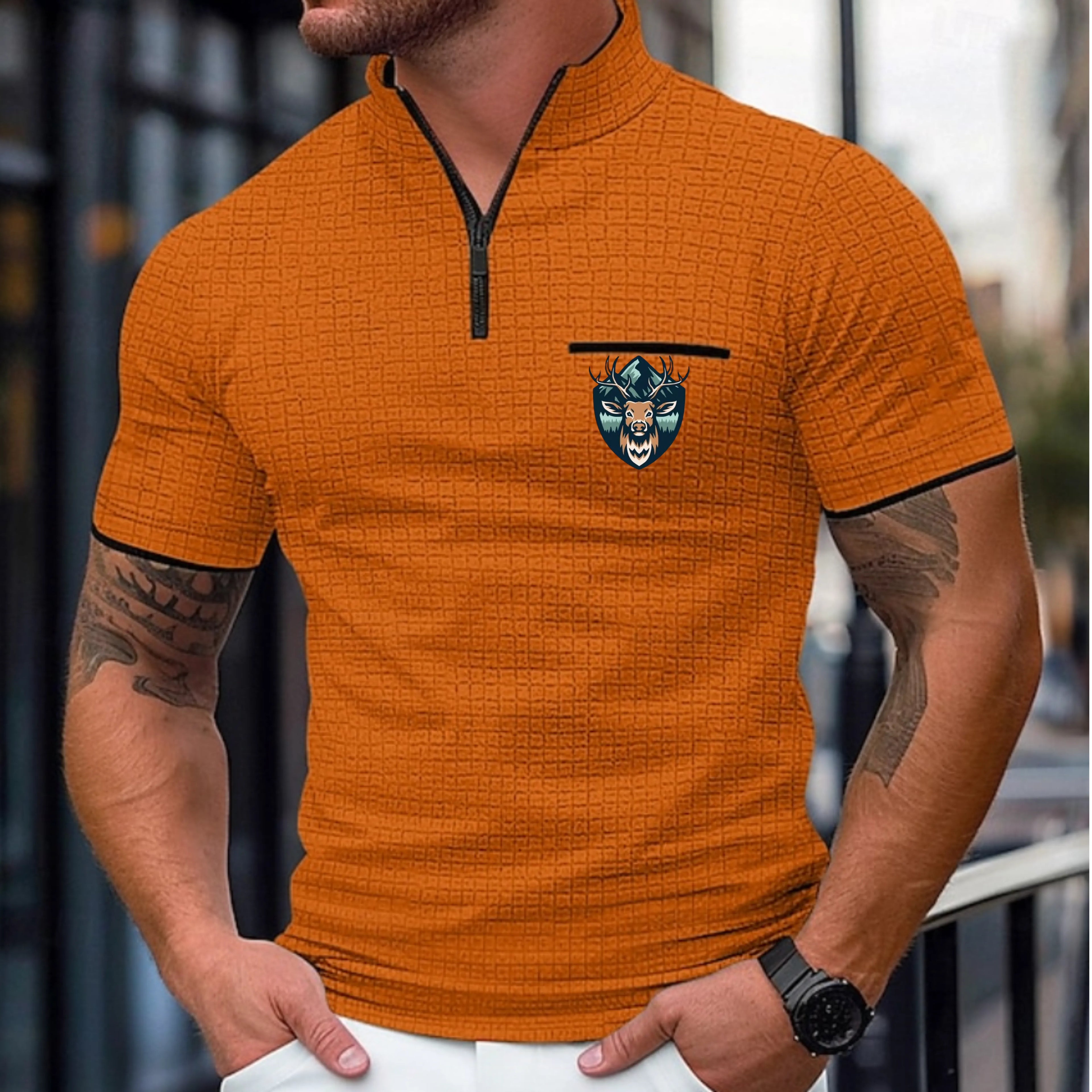Men's Waffle Polo Shirts Zip Polo Casual Holiday Quarter Zip Short