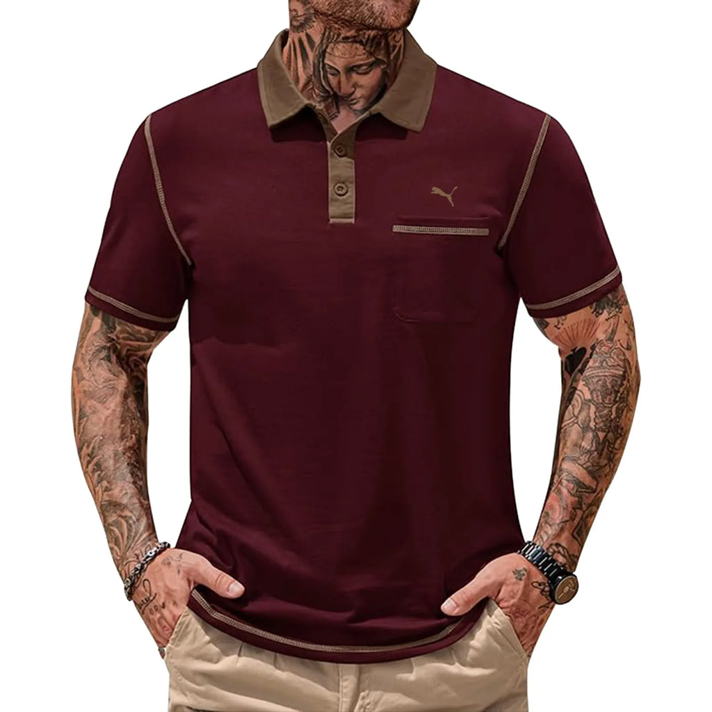 Mens Polo Shirts Casual Color Block Collar Short Sleeve Shirt with Pocket