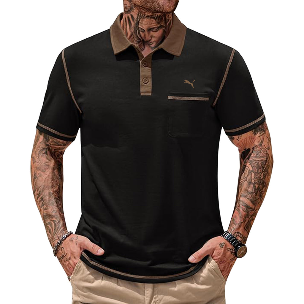 Mens Polo Shirts Casual Color Block Collar Short Sleeve Shirt with Pocket