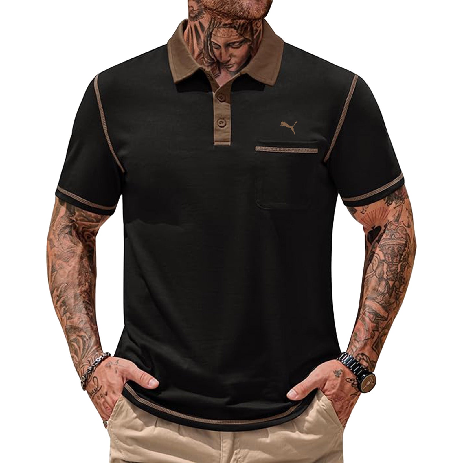 Mens Polo Shirts Casual Color Block Collar Short Sleeve Shirt with Pocket