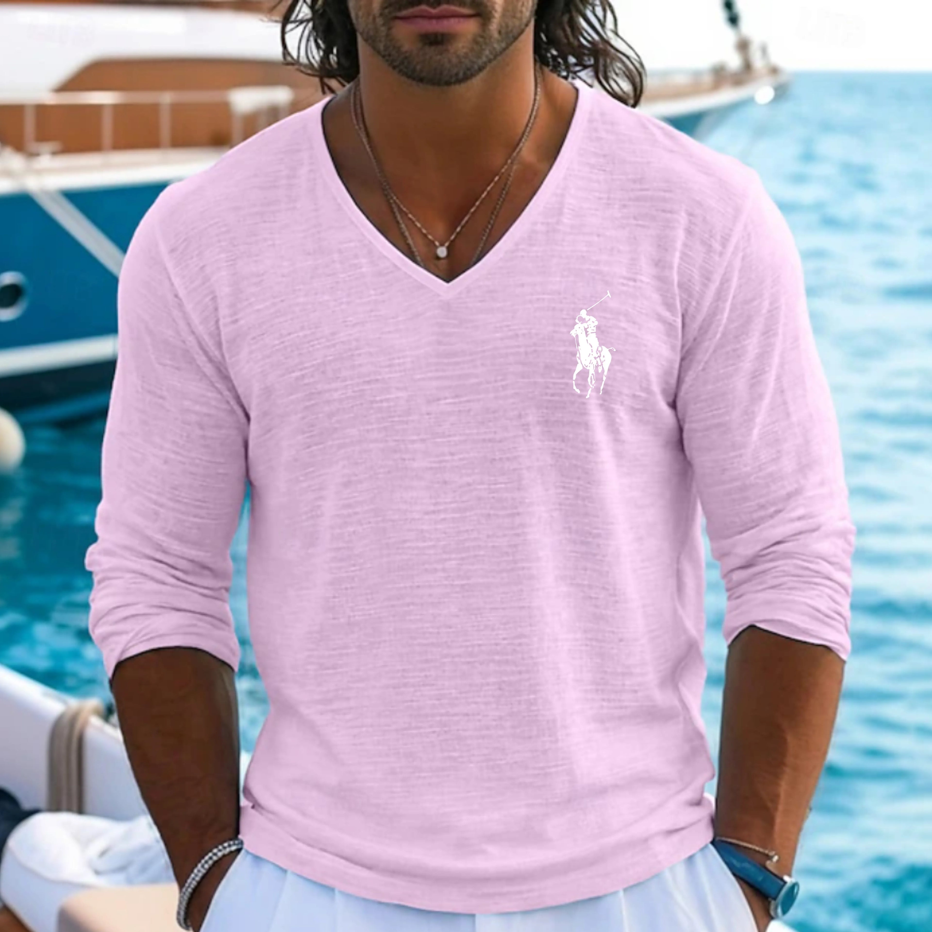Men's Tee Top Linen T-Shirt Long Sleeve V Neck Summer Spring Spring & Summer Solid Color