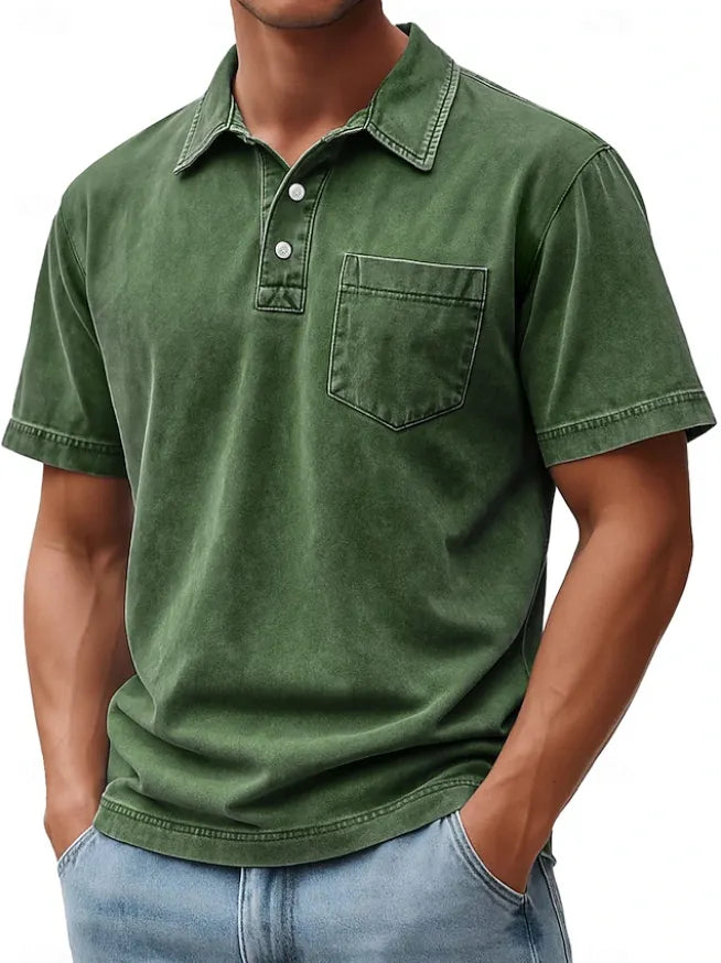 Men's Polo Shirts 100% Cotton Acid Wash Shirt Casual  Sleeve Fashion Basic Plain Vintage
