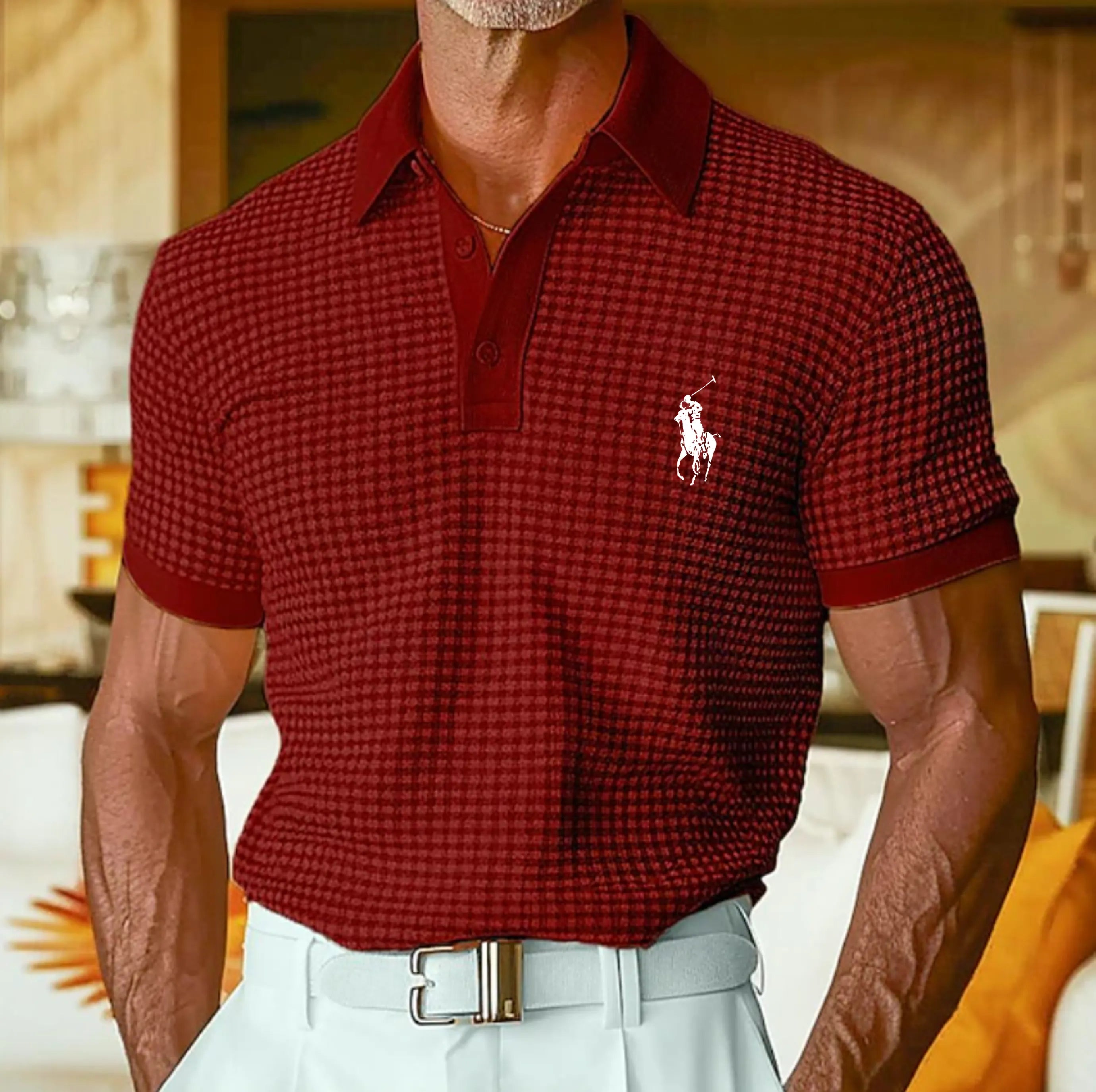 Men's Waffle Polo Shirts Textured Casual Holiday Lapel Ribbed Polo Collar Short