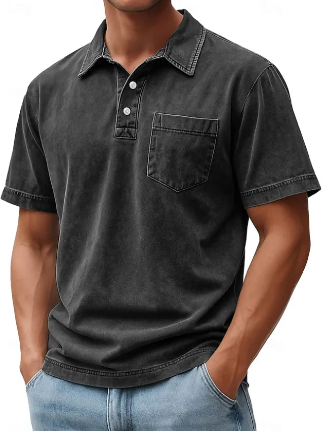 Men's Polo Shirts 100% Cotton Acid Wash Shirt Casual  Sleeve Fashion Basic Plain Vintage