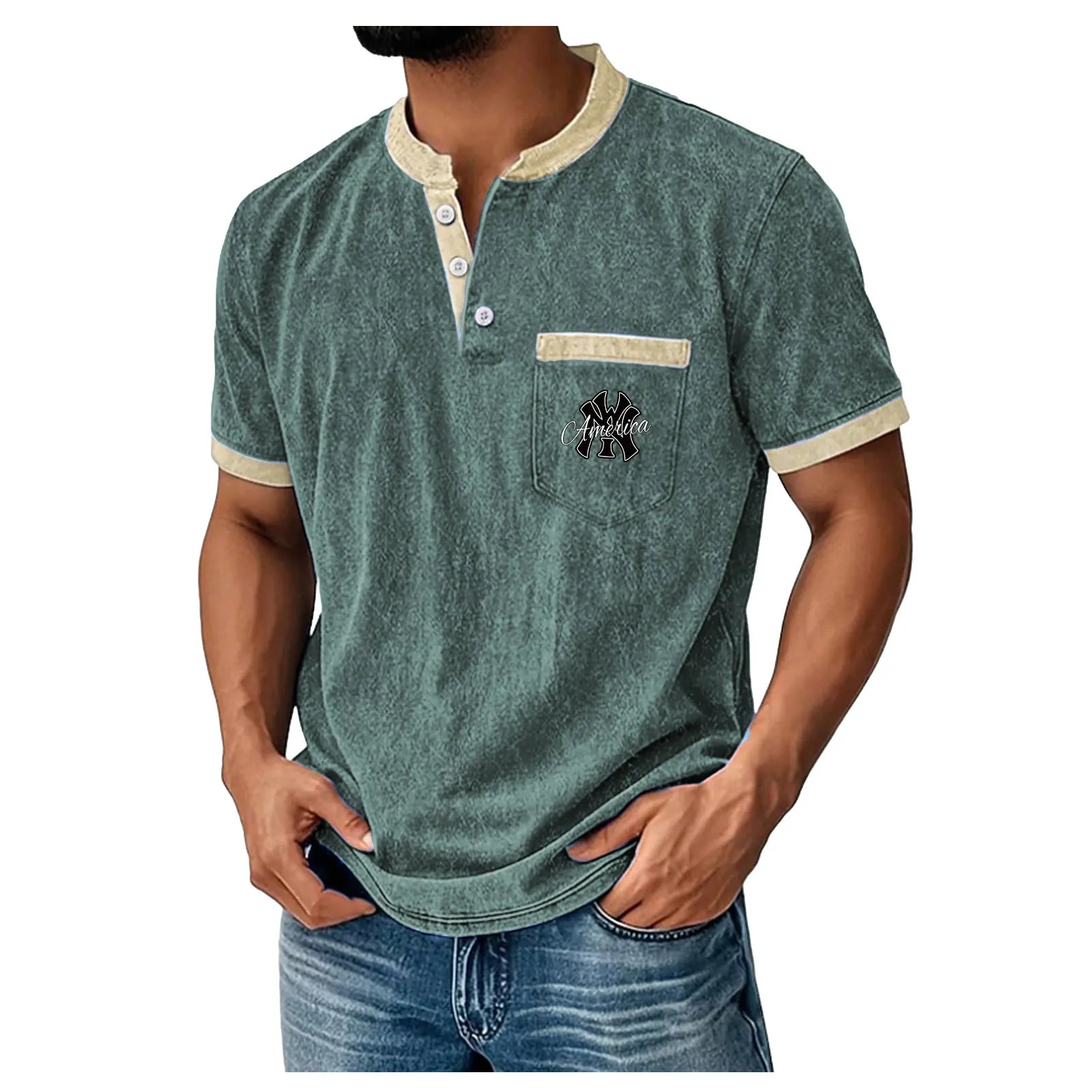 Men's Henley Shirt 100% Cotton Acid Wash Shirt T shirt Tee Short Sleeve Solid Retro