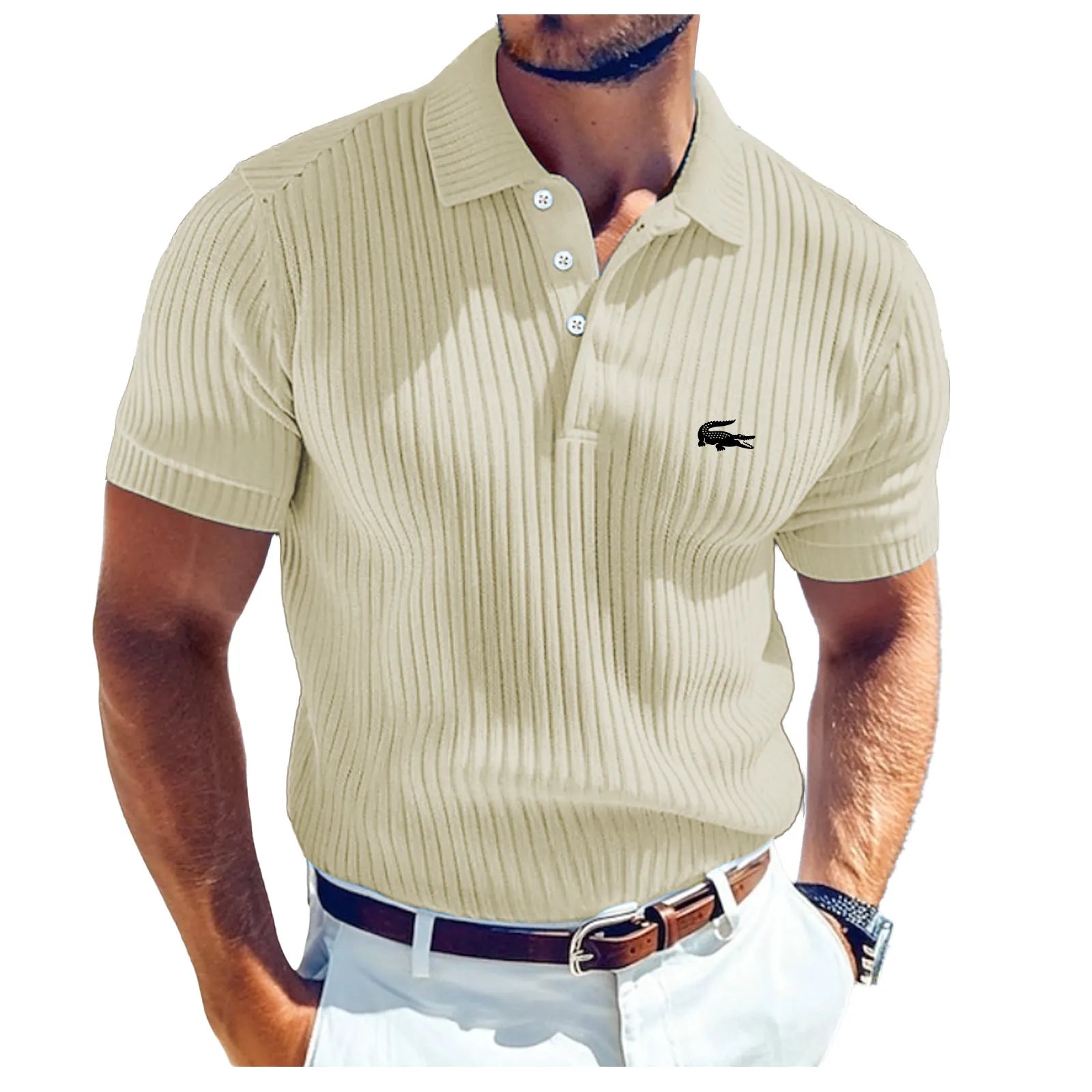 Men's Rib Knit Top Textured Casual Work Lapel Ribbed Polo Collar Short Sleeve Basic Modern