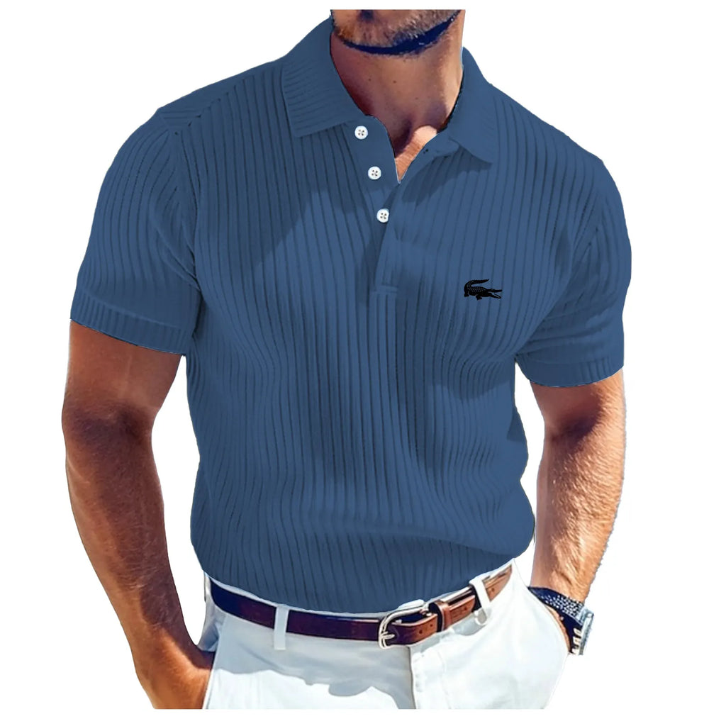 Men's Rib Knit Top Textured Casual Work Lapel Ribbed Polo Collar Short Sleeve Basic Modern