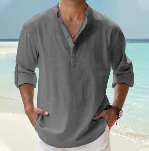 Men's Linen Pullover Casual Shirt, Beach Stand Collar, Solid Color, Perfect for Beach Vacation