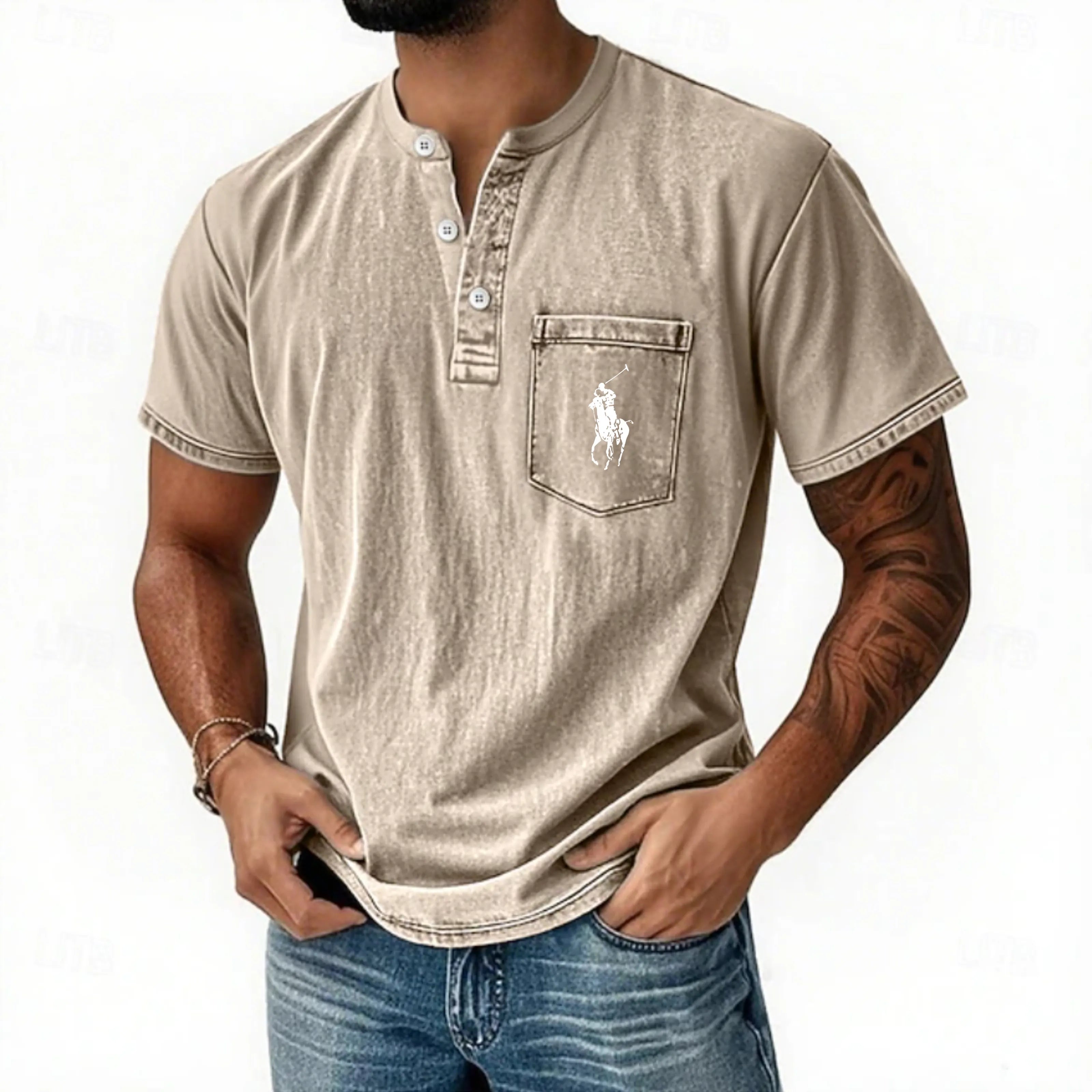 Men's Henley Shirt 100% Cotton Acid Wash Shirt T shirt