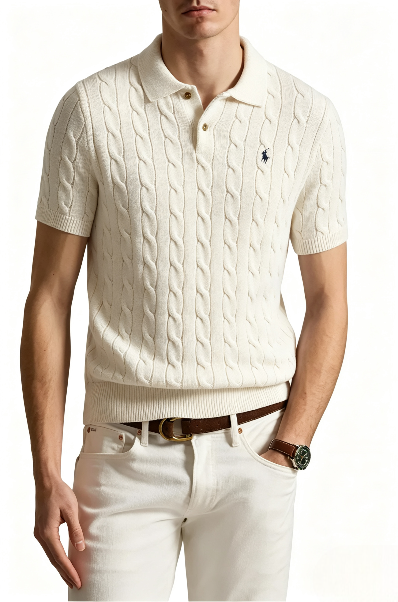 Cable-Knit Cotton Polo Sweater