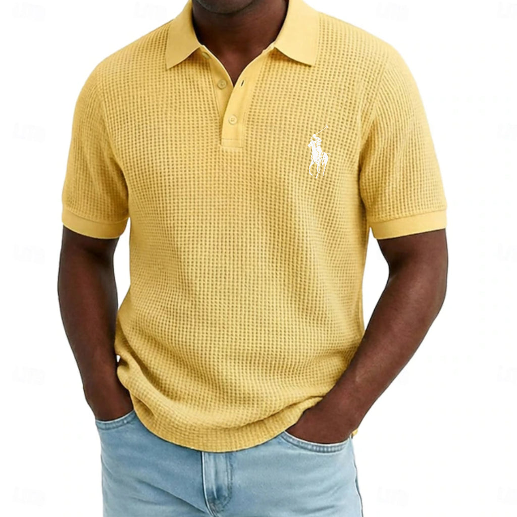 Men's Waffle Polo Shirts Textured Casual Holiday Lapel Ribbed Polo Collar Short