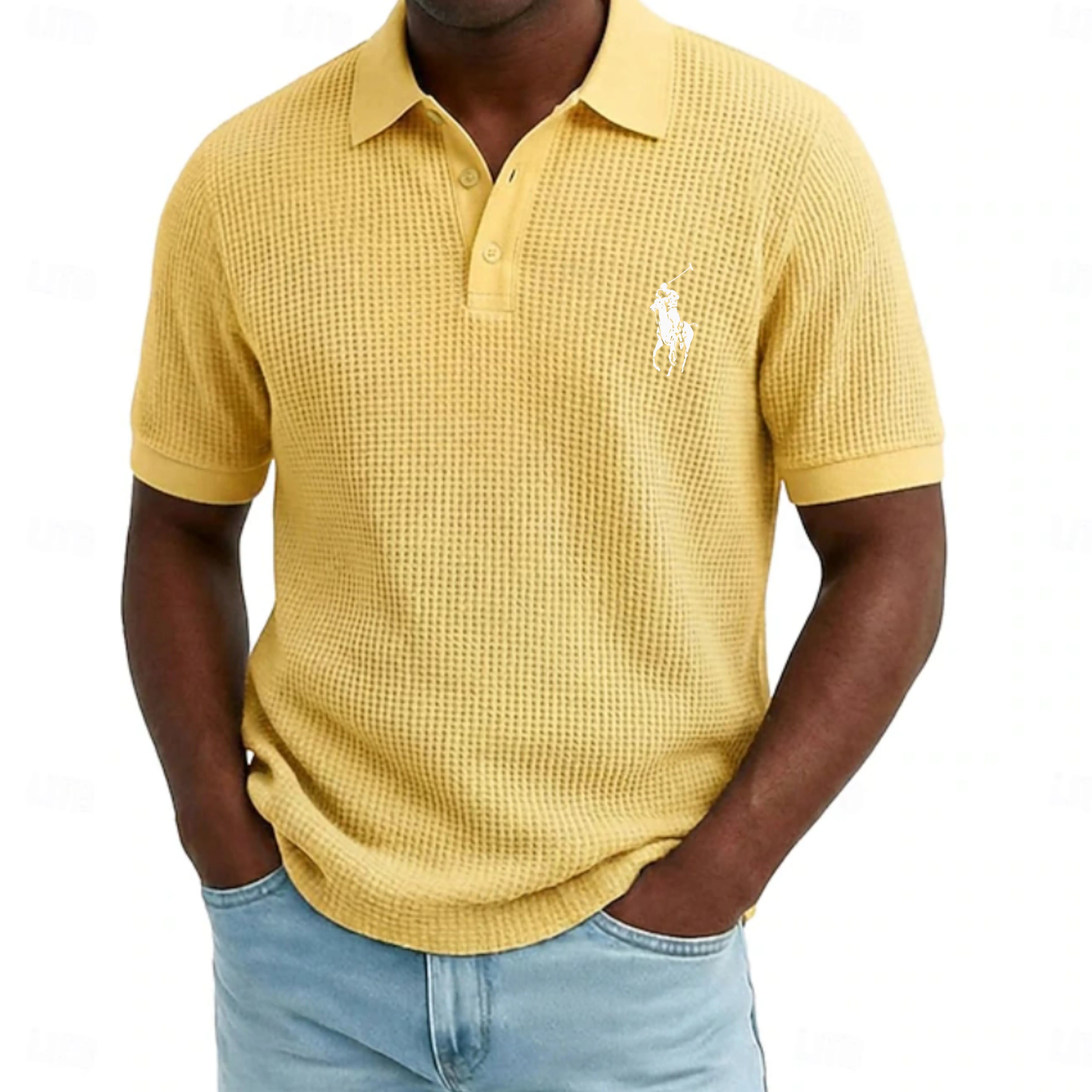 Men's Waffle Polo Shirts Textured Casual Holiday Lapel Ribbed Polo Collar Short