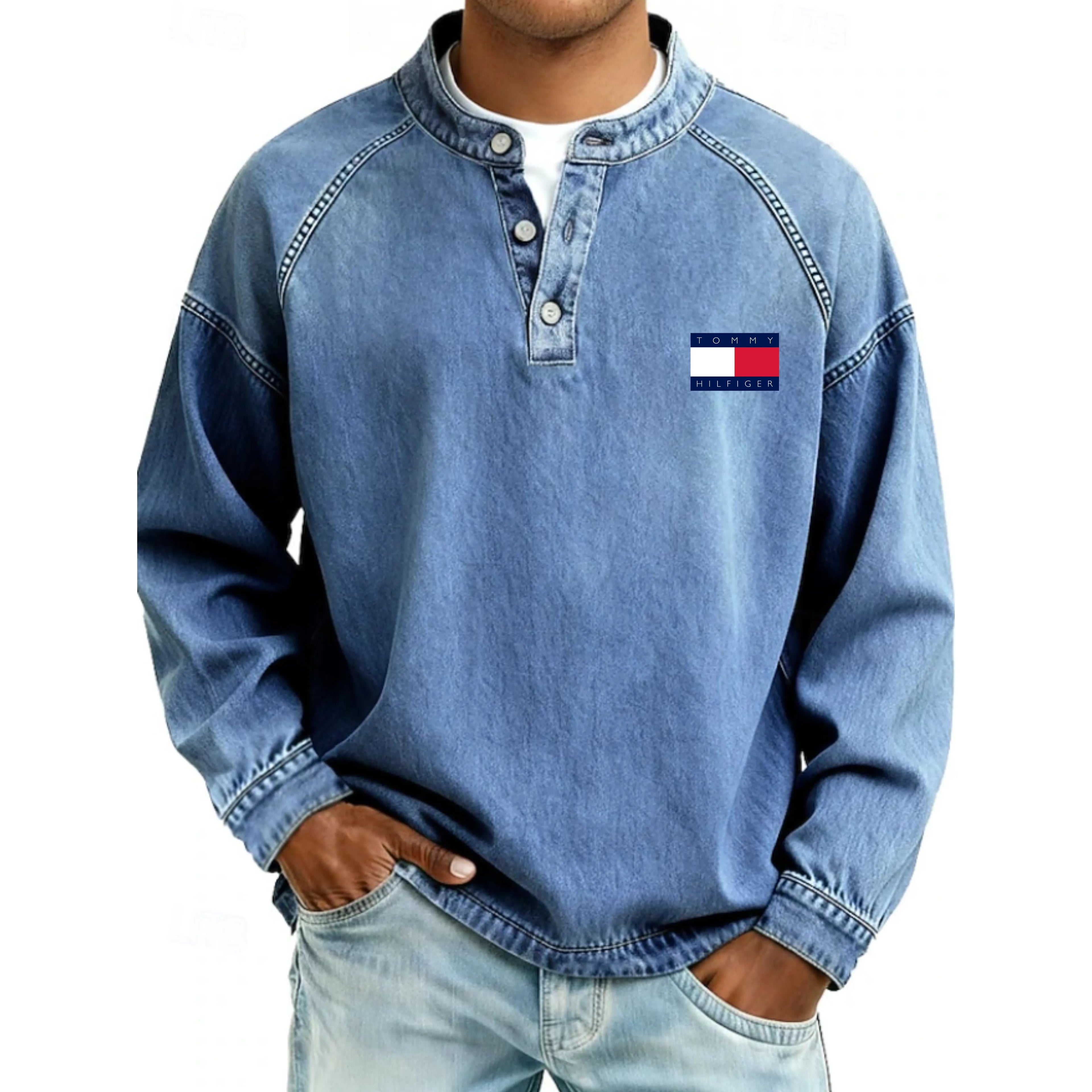 Men's T Shirt Henley Shirt 100% Cotton Acid Wash Shirt Tee Top