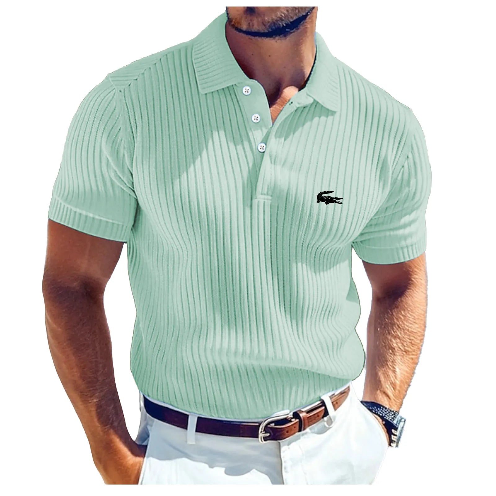 Men's Rib Knit Top Textured Casual Work Lapel Ribbed Polo Collar Short Sleeve Basic Modern