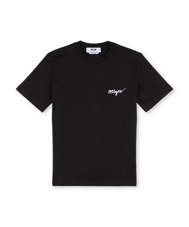 Round neck cotton T-shirt with embroidered logo Black