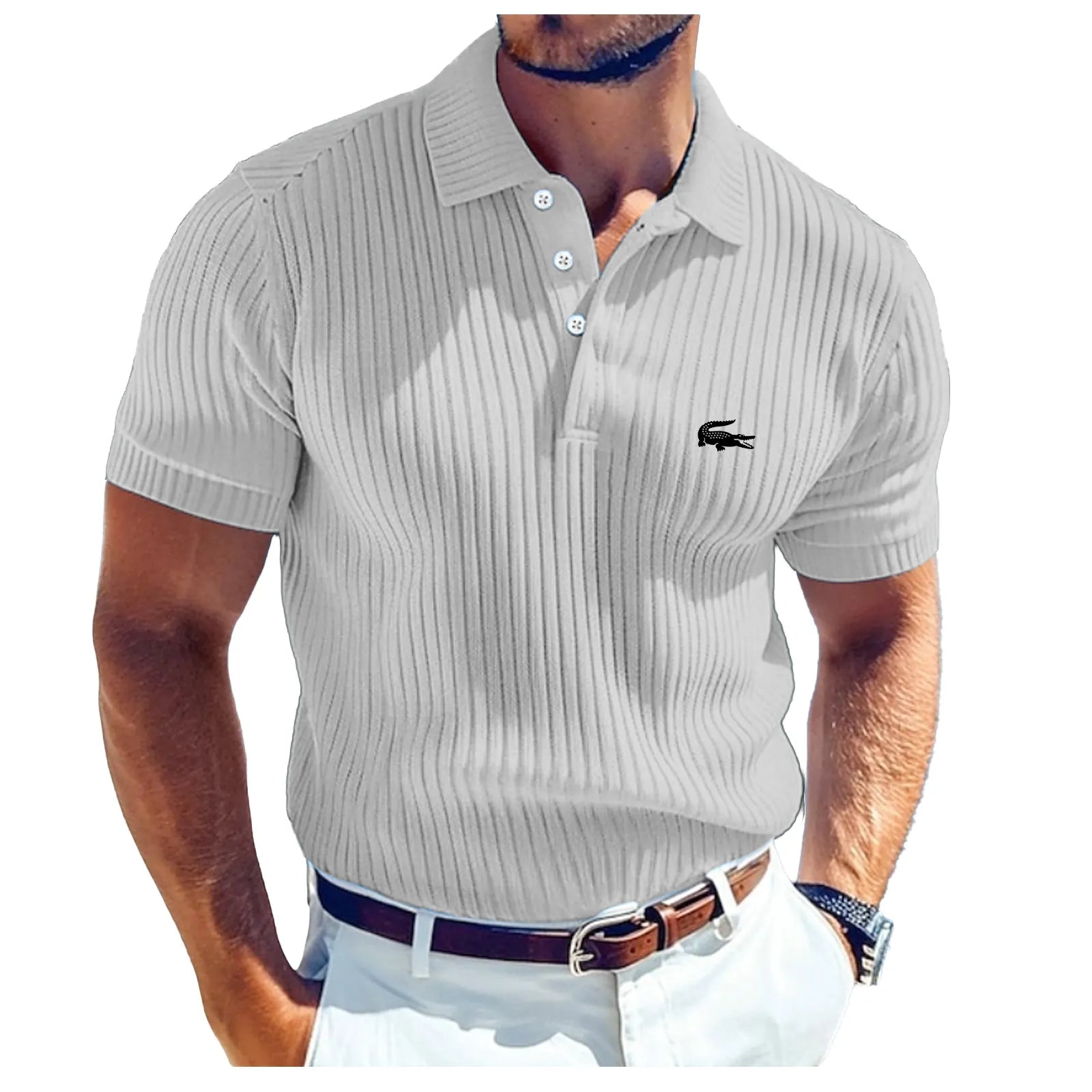 Men's Rib Knit Top Textured Casual Work Lapel Ribbed Polo Collar Short Sleeve Basic Modern