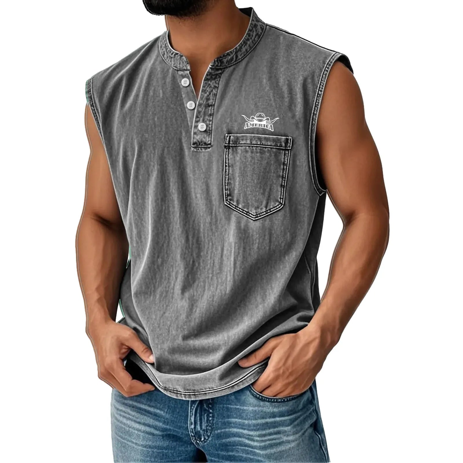 Work vest, Western vest, Casual sports outdoor vest, Henley collar button vest