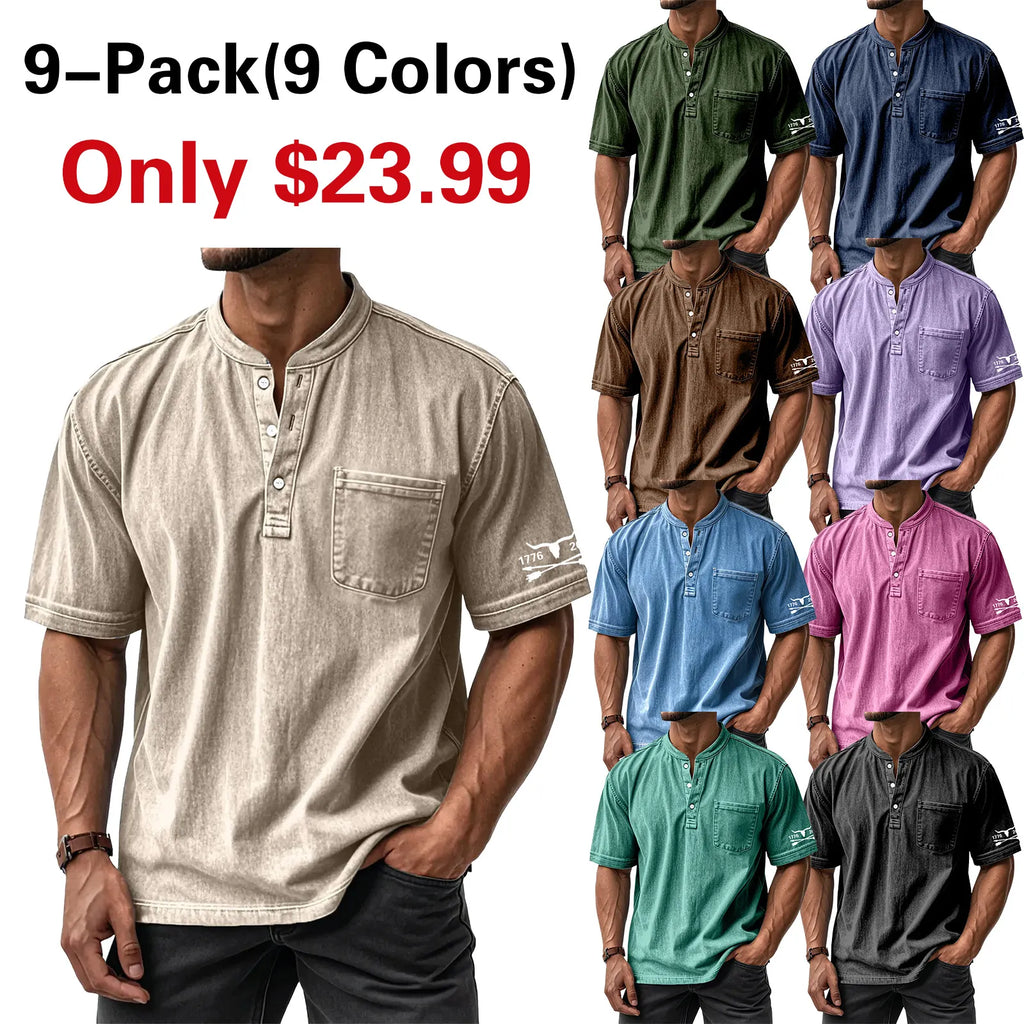 Men's Washed Cotton Short Sleeve Henley T-Shirt