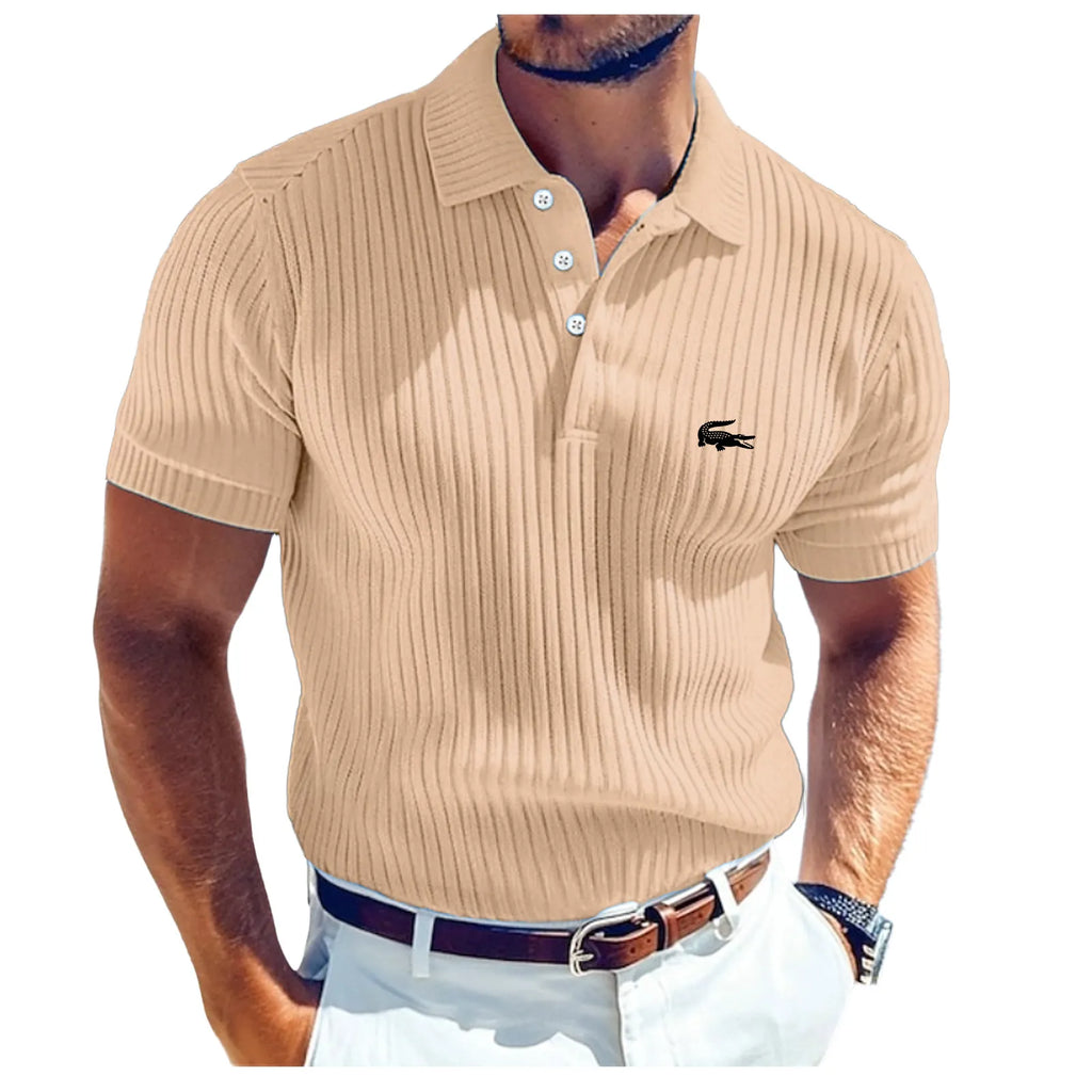 Men's Rib Knit Top Textured Casual Work Lapel Ribbed Polo Collar Short Sleeve Basic Modern