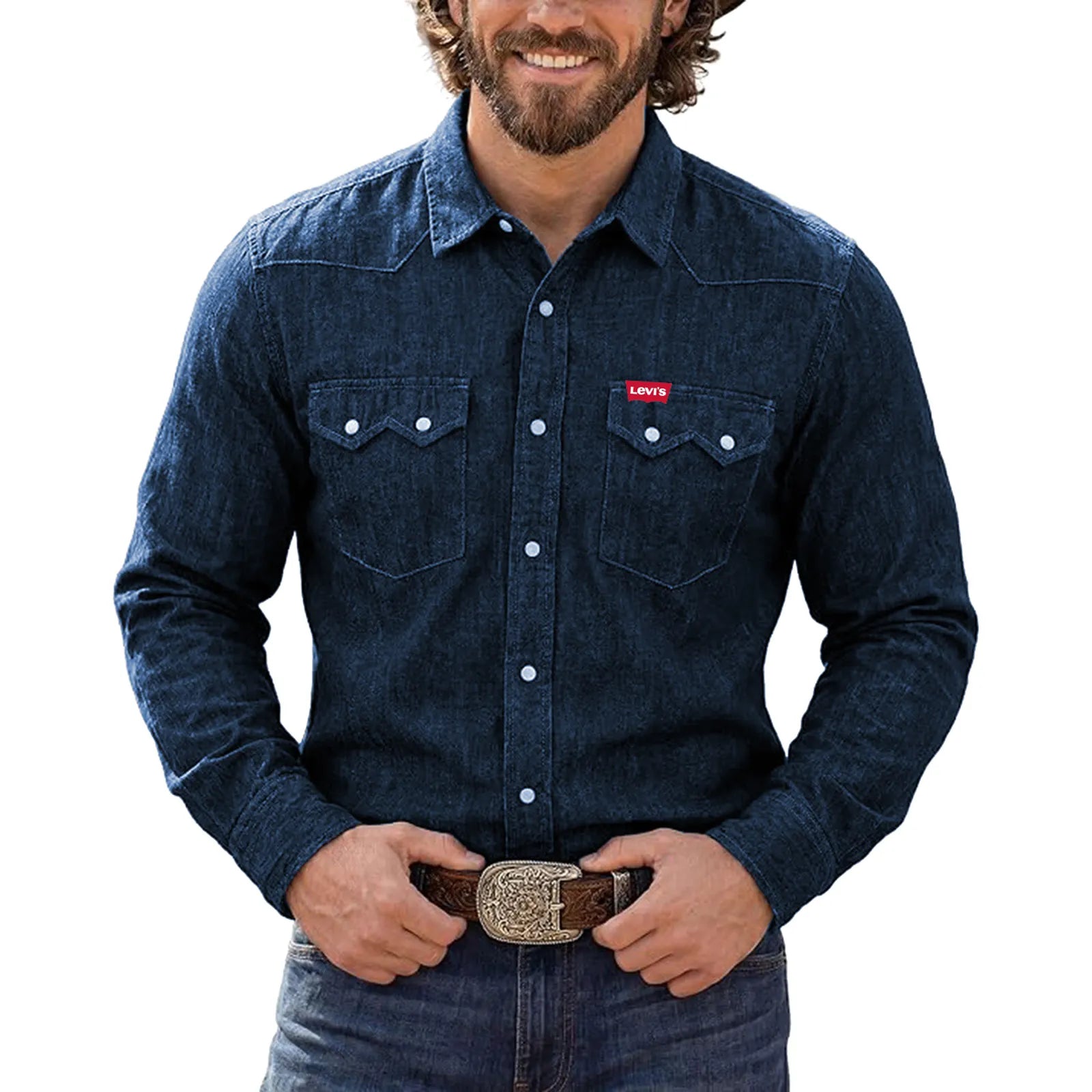 Mens Western Pearl Snap Denim Shirt Linen Blend Long Sleeve Lightweight