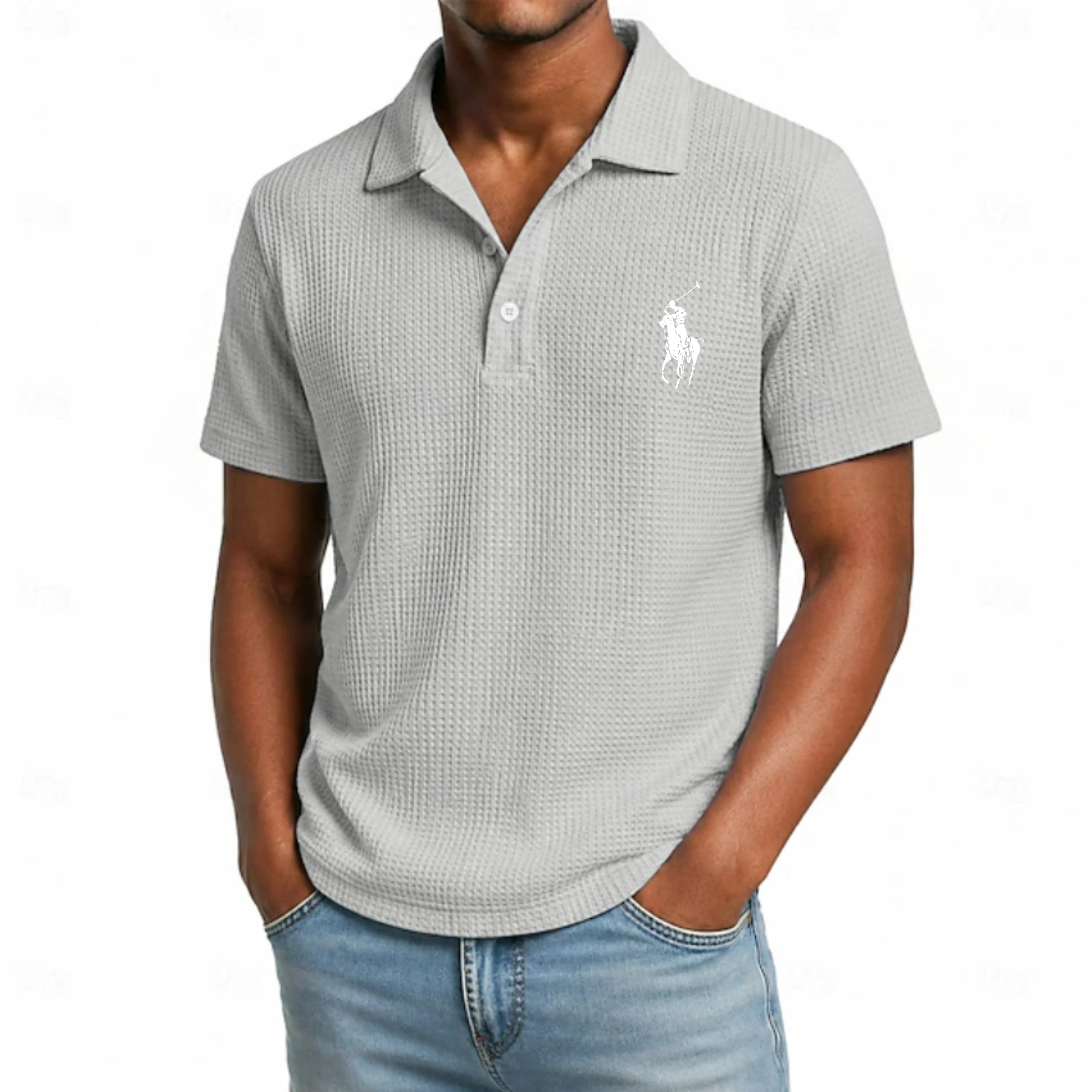 Men's Waffle Polo Shirts Textured Casual Business Turndown Short Sleeve