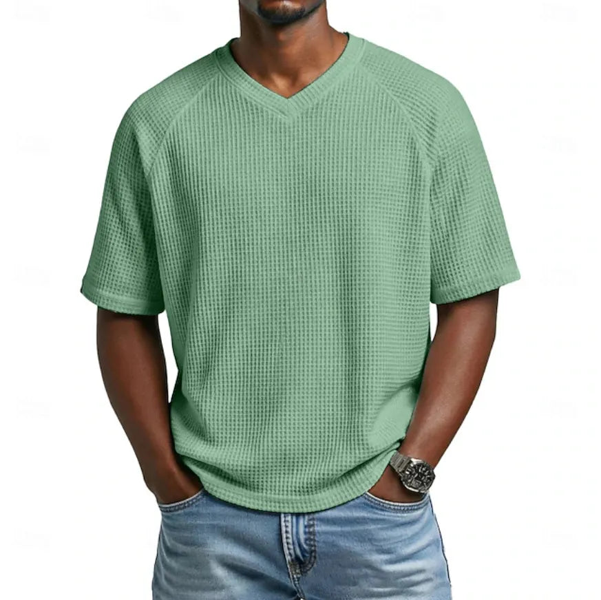 Men's Waffle T-shirt Tee Top Short Sleeve V Neck Summer Solid Color  Casual Raglan Sleeves
