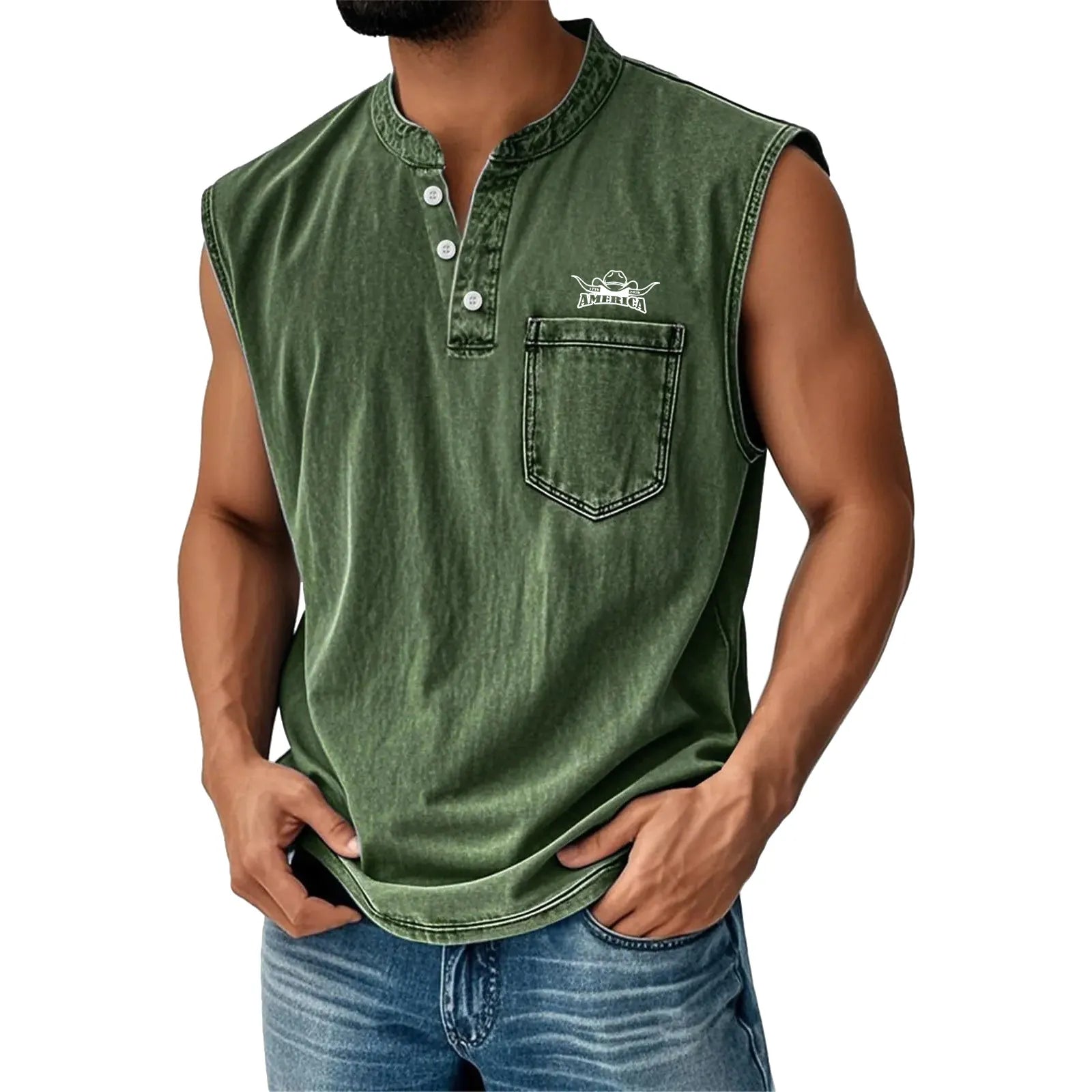 Work vest, Western vest, Casual sports outdoor vest, Henley collar button vest