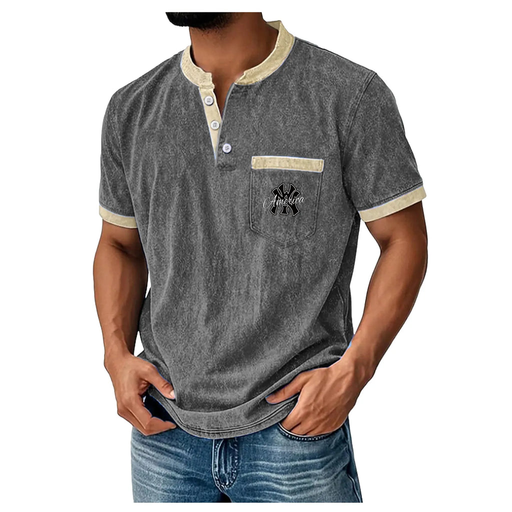 Men's Henley Shirt 100% Cotton Acid Wash Shirt T shirt Tee Short Sleeve Solid Retro