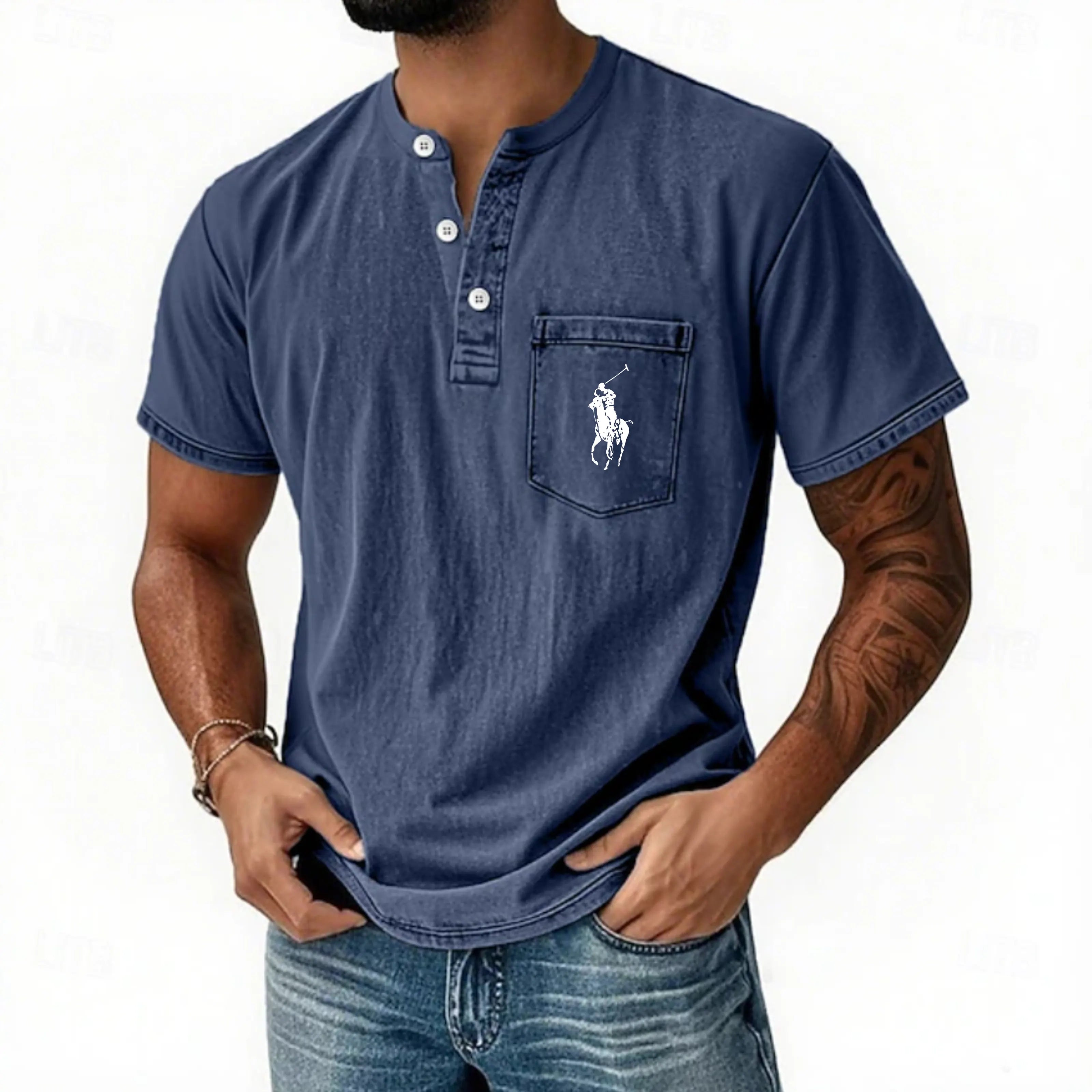 Men's Henley Shirt 100% Cotton Acid Wash Shirt T shirt Tee Short