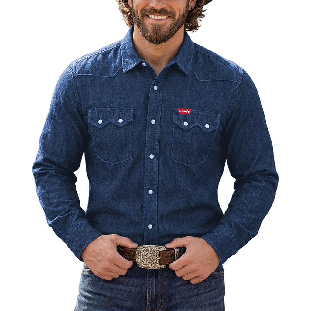 Mens Western Pearl Snap Denim Shirt Linen Blend Long Sleeve Lightweight
