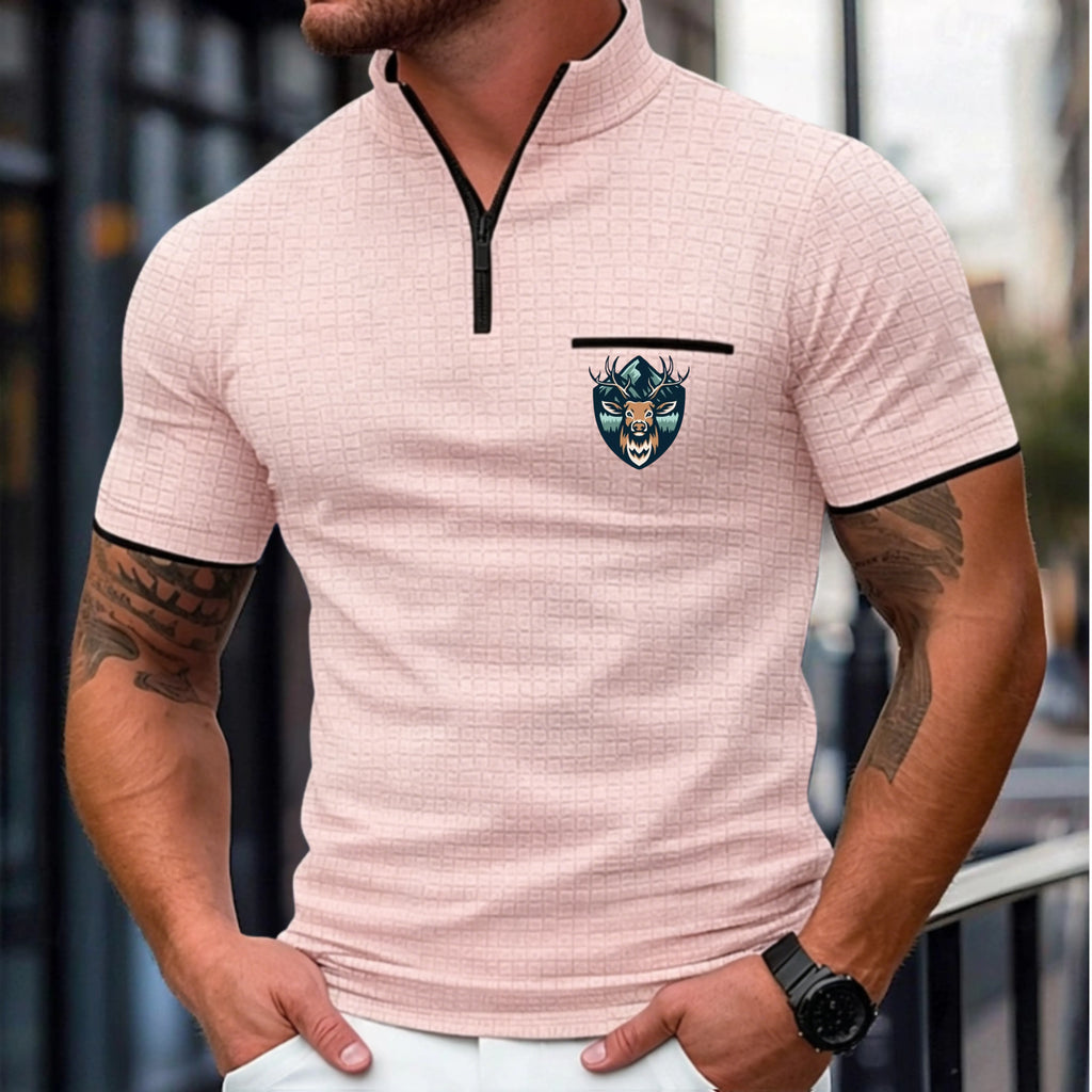 Men's Waffle Polo Shirts Zip Polo Casual Holiday Quarter Zip Short