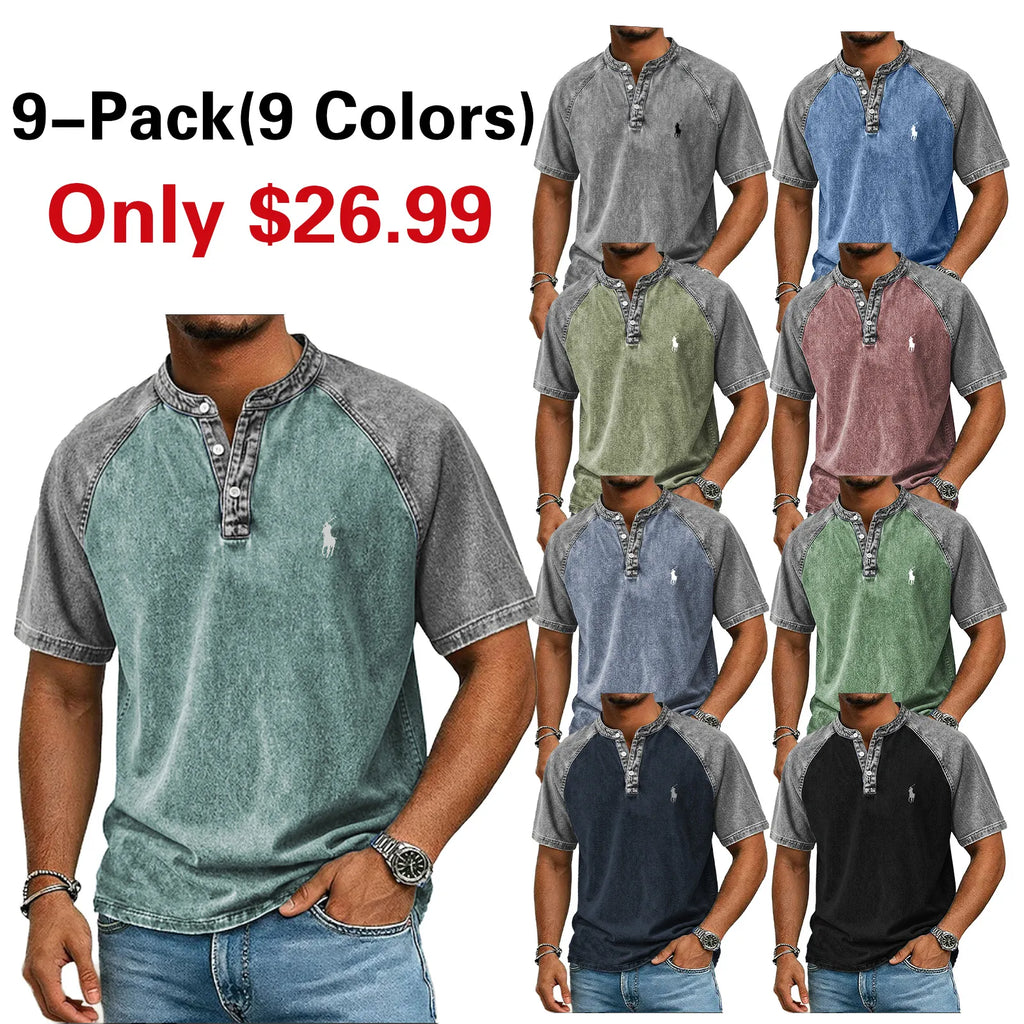 Men's Acid Wash Shirt Short Sleeve Color Block Patchwork