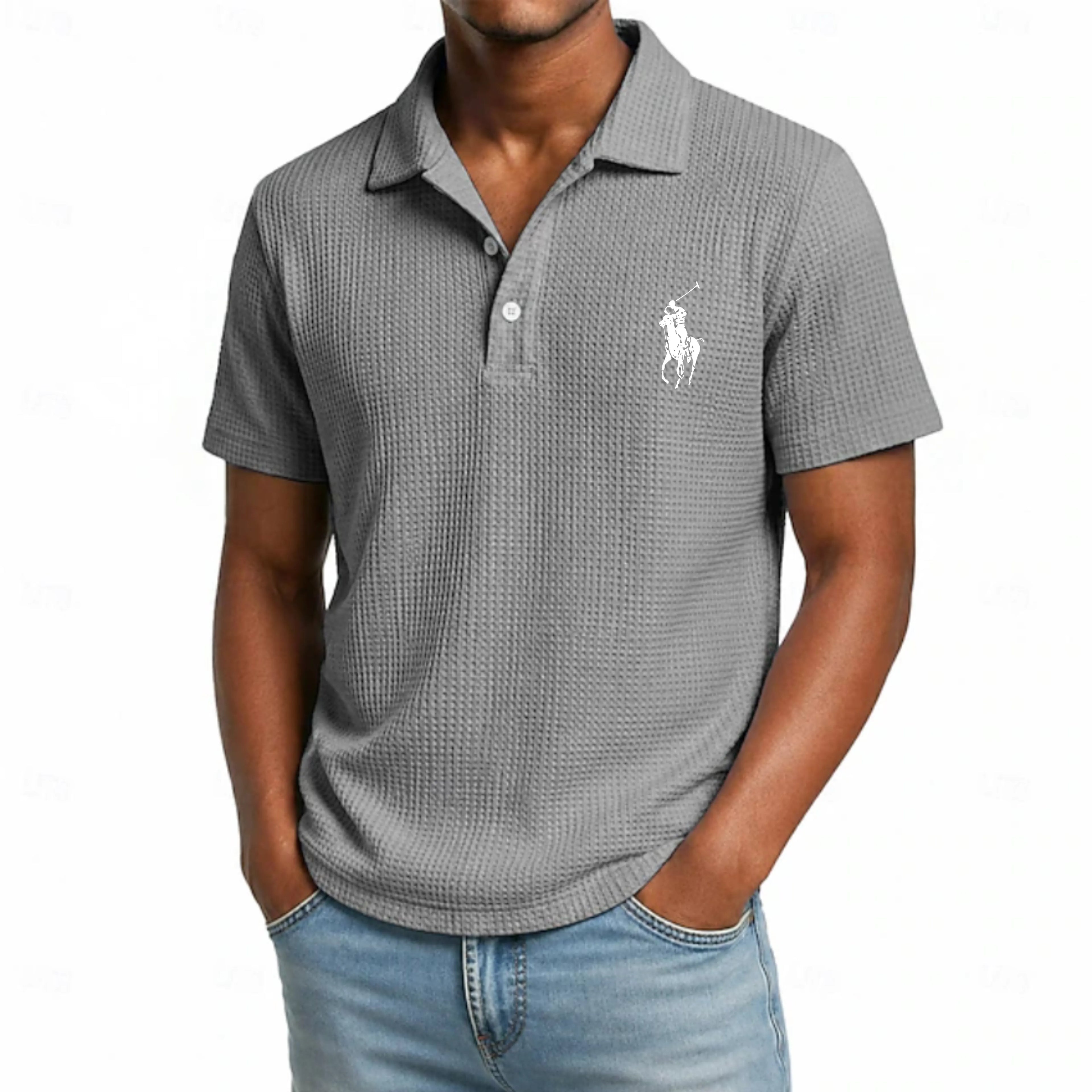 Men's Waffle Polo Shirts Textured Casual Business Turndown Short Sleeve