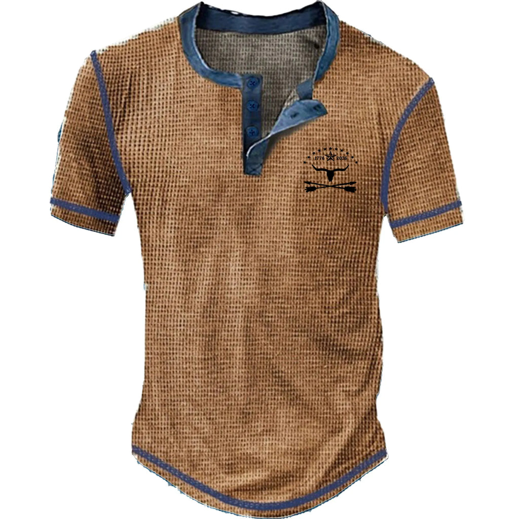 Men's waffle knit Henley short sleeve check T-shirt
