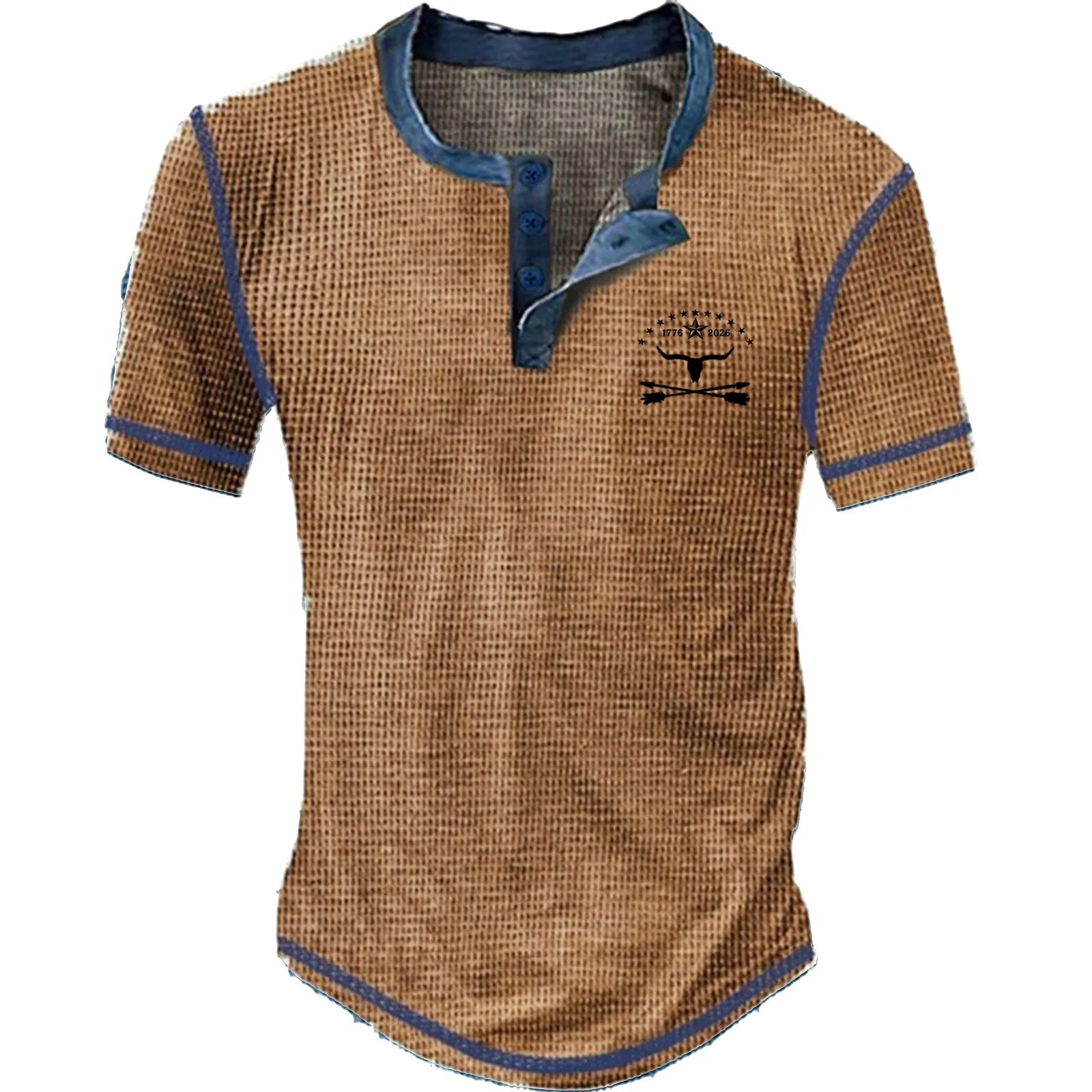 Men's waffle knit Henley short sleeve check T-shirt