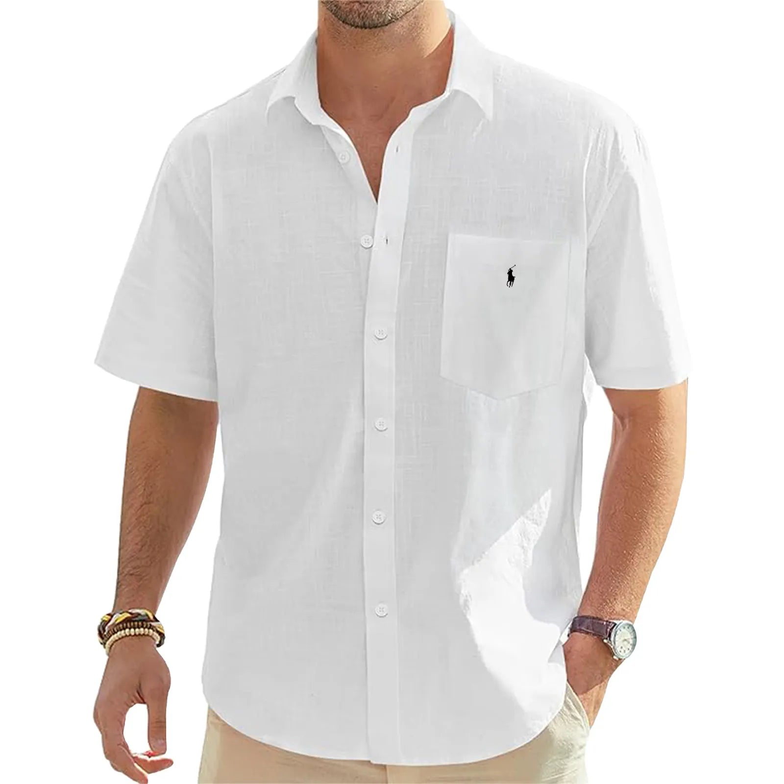 Men's Linen Short Sleeve Shirts Cotton Casual Lightweight Button Down Shirt