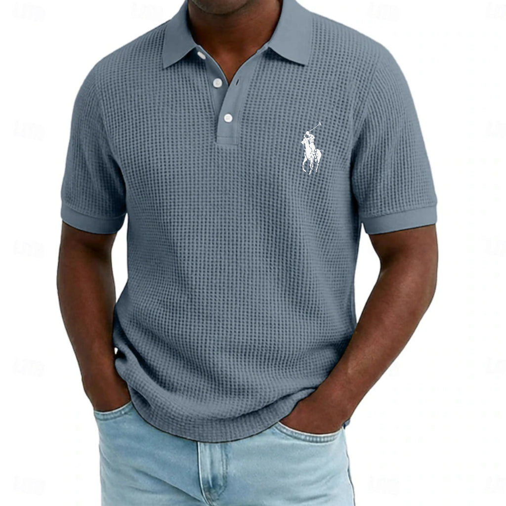 Men's Waffle Polo Shirts Textured Casual Holiday Lapel Ribbed Polo Collar Short