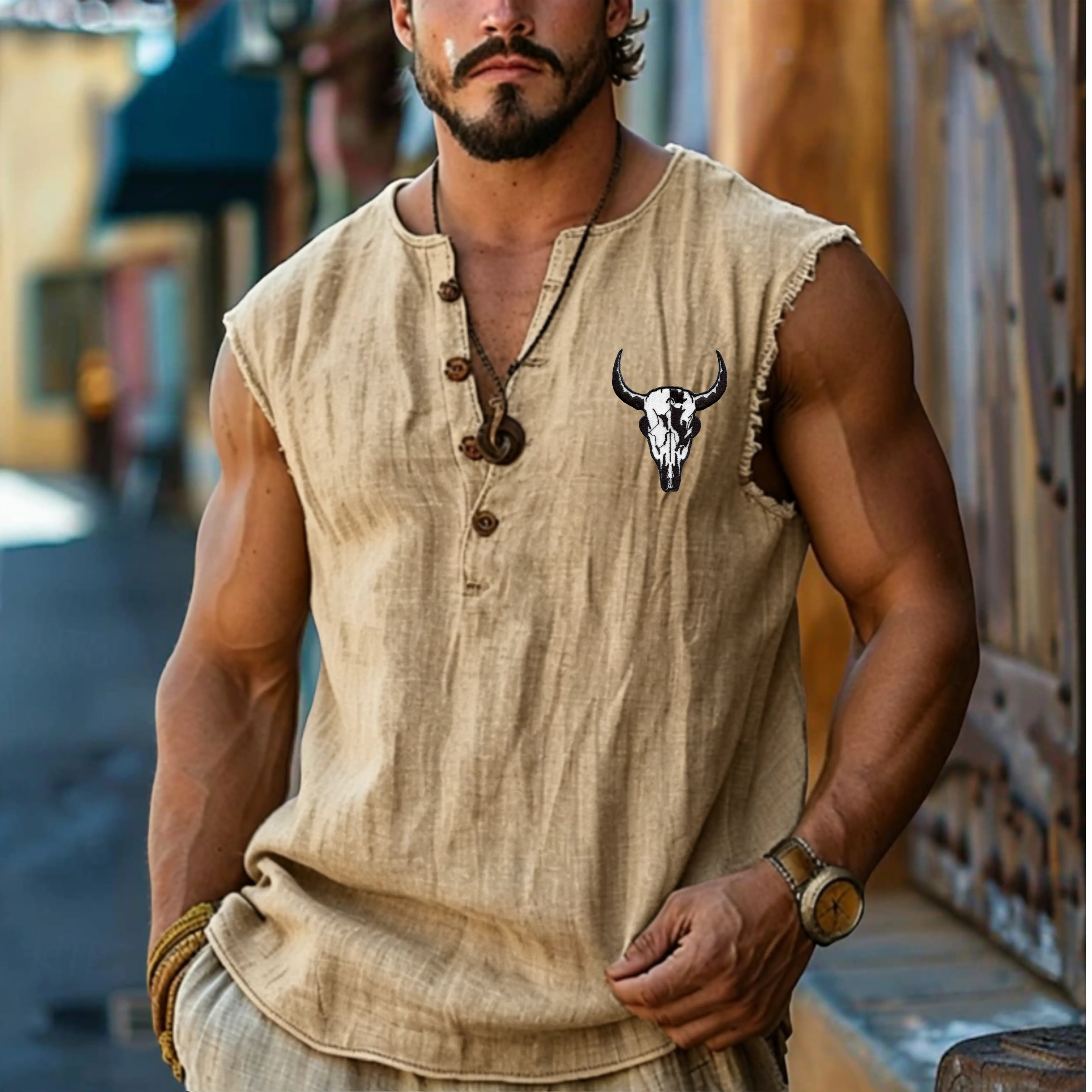 Men's Henley Shirt Vest Top Linen Tank Top Sleeveless Shirt Sleeveless Henley Summer Plain