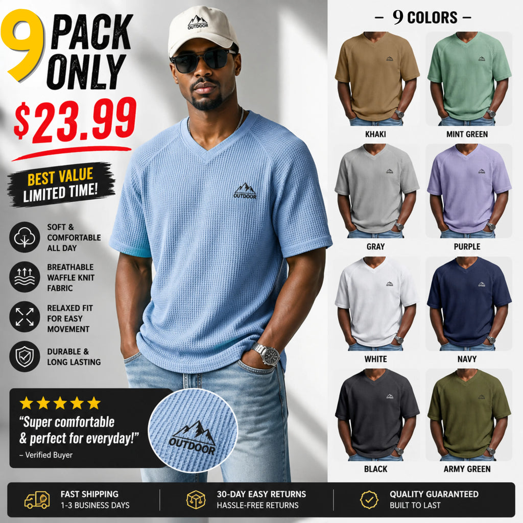 Men's Waffle T-shirt Tee Top Short Sleeve V Neck Summer Solid Color  Casual Raglan Sleeves