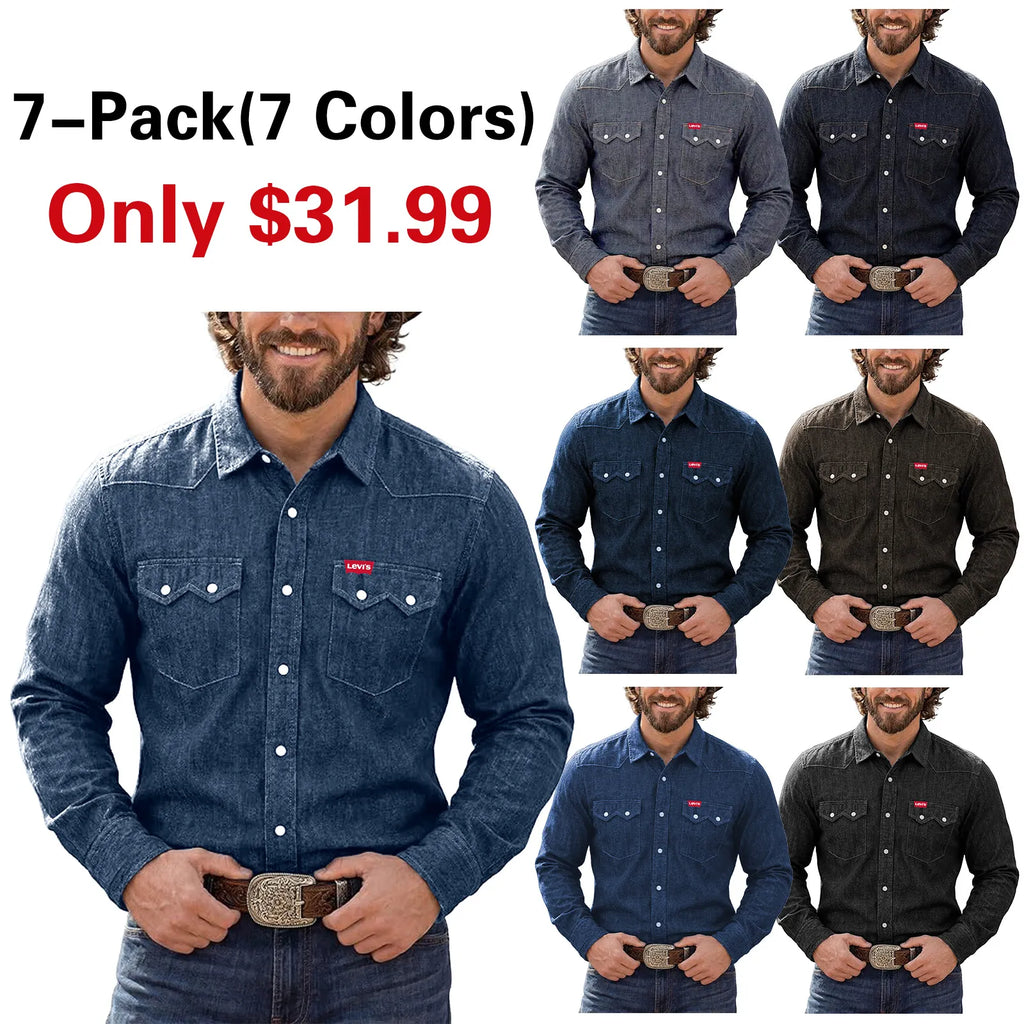 Mens Western Pearl Snap Denim Shirt Linen Blend Long Sleeve Lightweight
