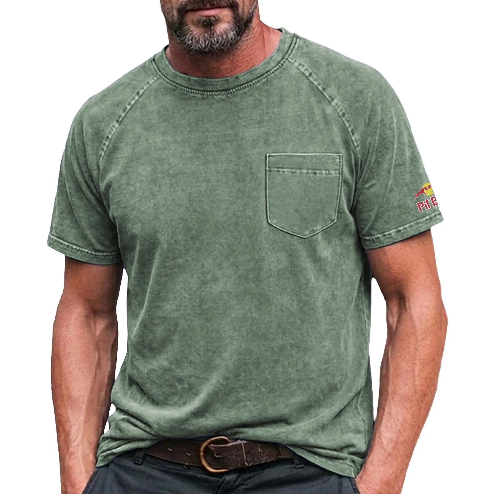 Men's Cotton T Shirt Washed Shirt Tee Top Short Sleeve Crew Neck Summer Spring All Seasons Solid Color Plain Retro Vintage Distressed Pocket Garment Dyed Washed Casual Vacation Street Light Blue