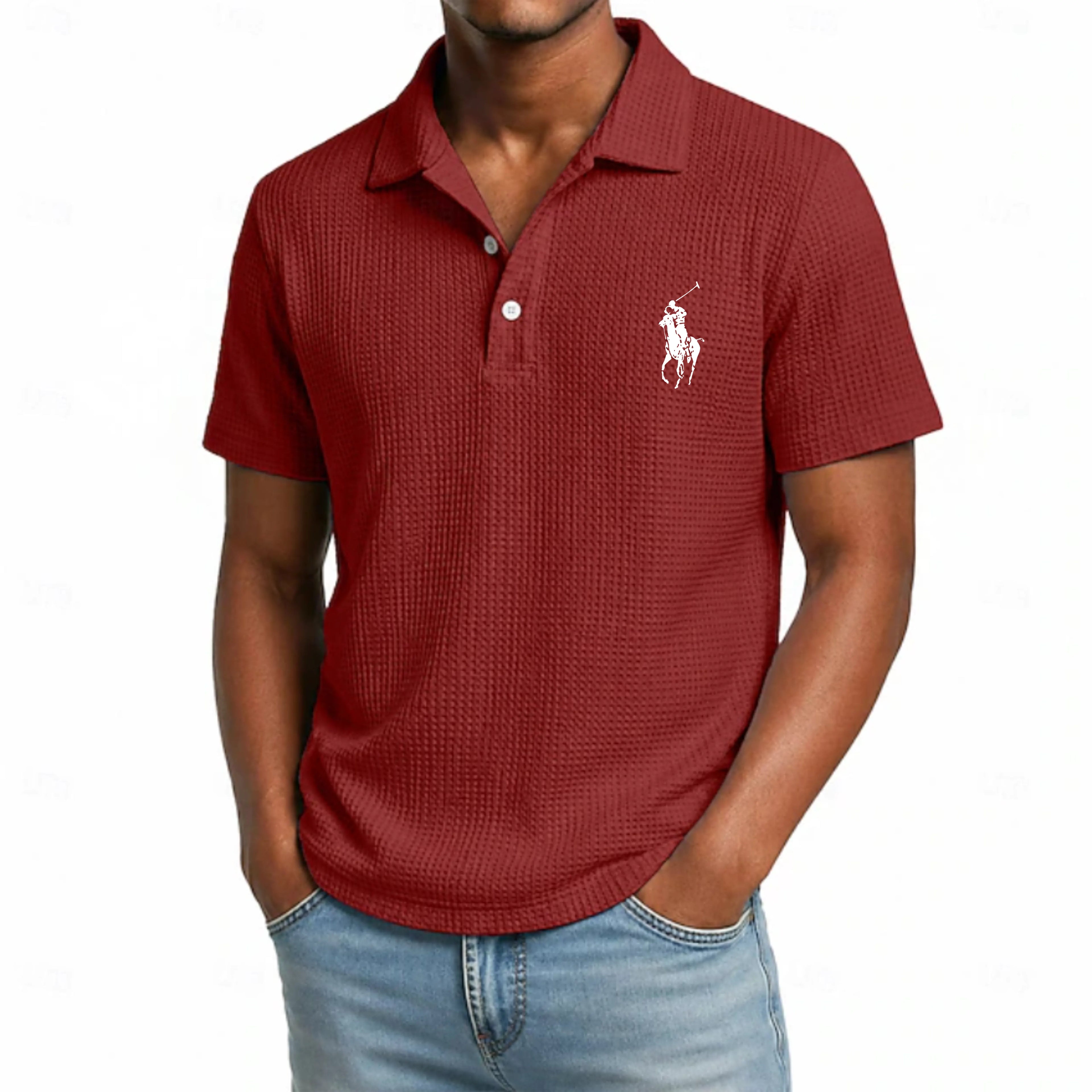 Men's Waffle Polo Shirts Textured Casual Business Turndown Short Sleeve