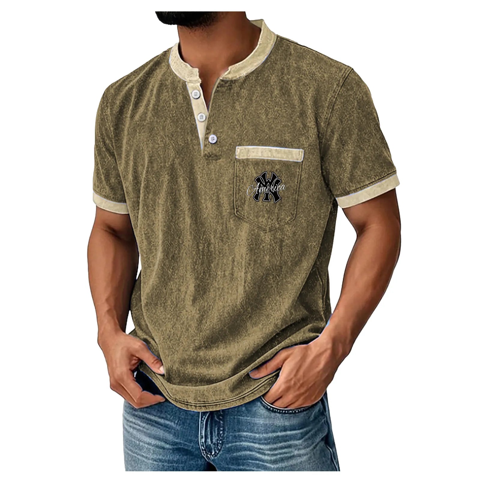 Men's Henley Shirt 100% Cotton Acid Wash Shirt T shirt Tee Short Sleeve Solid Retro
